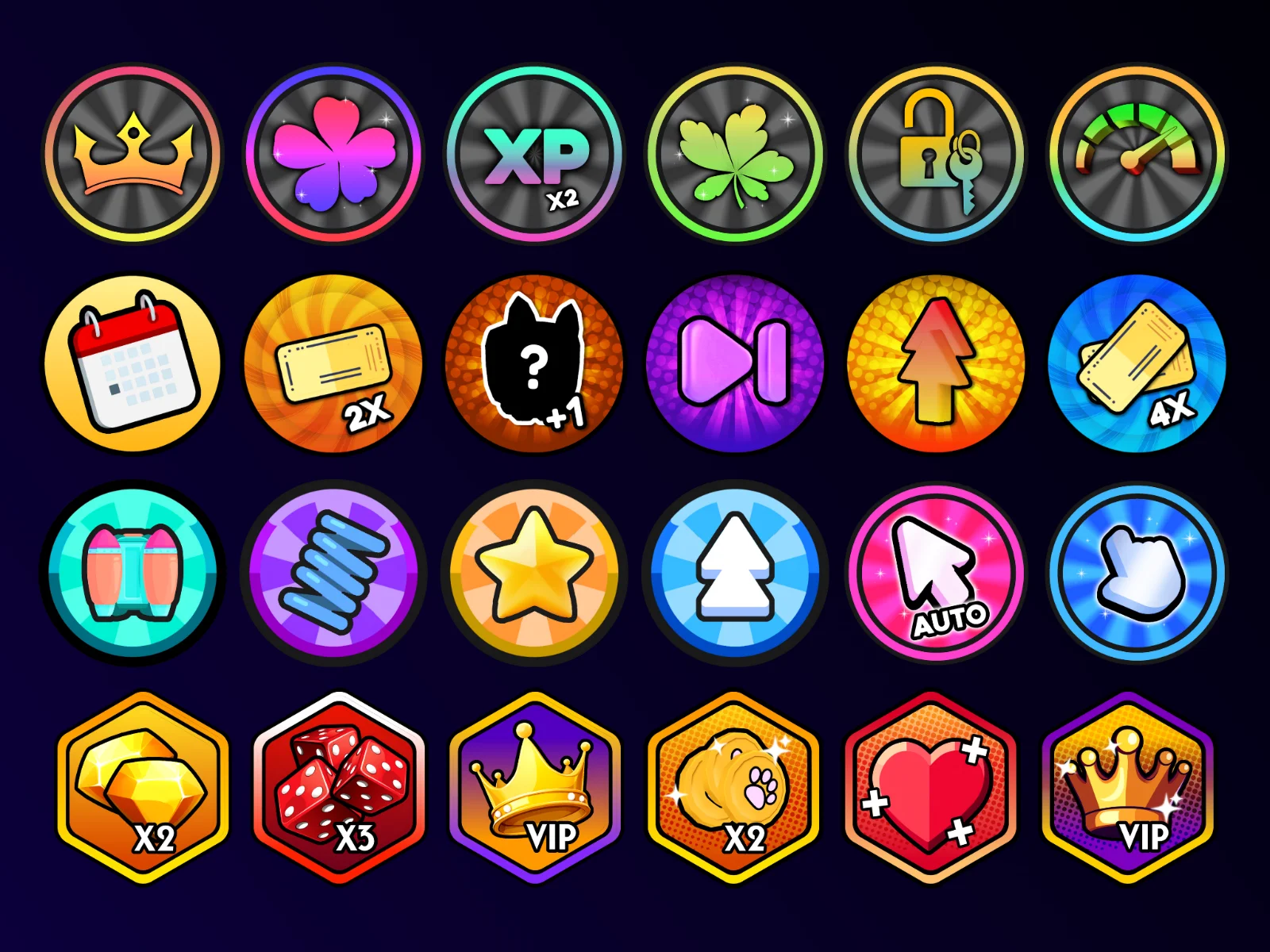 A grid of twenty-four circular and hexagonal game icons on a dark background showing crowns, clovers, a lock, a gauge, dice, gems, a cat, arrows and multiplier labels like XP x2, 4X and VIP.