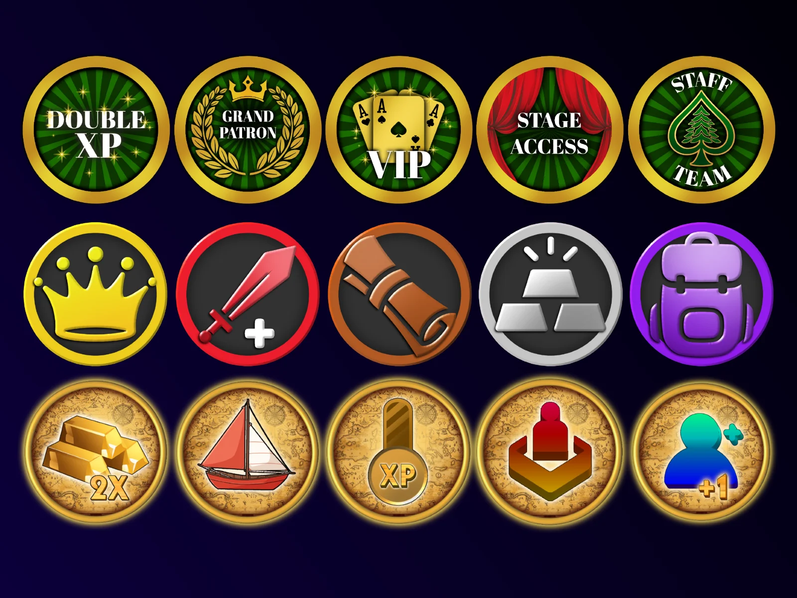 A 3x5 grid of circular game badges on dark blue, featuring gold, green, red and purple icons with symbols like a crown, sword, sailboat, medal and backpack, labeled with text such as Double XP, Grand Patron, VIP and Staff Team.