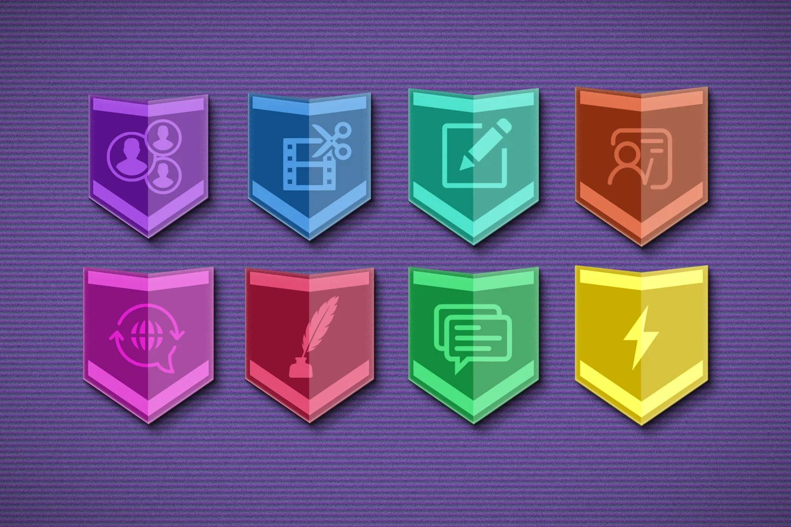 Eight glossy shield icons in a two-by-four grid on a purple textured background, showing user silhouettes, film strip, pencil, ID card, globe, quill, speech bubbles, and lightning bolt in different colors.