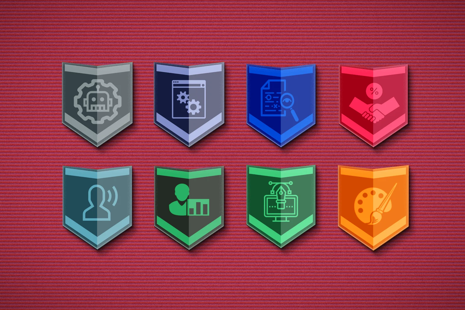 Eight shield-shaped service icons arranged in two rows of four on a maroon textured background, each shield containing a small symbol in grey, blue, red, teal, green, and orange.