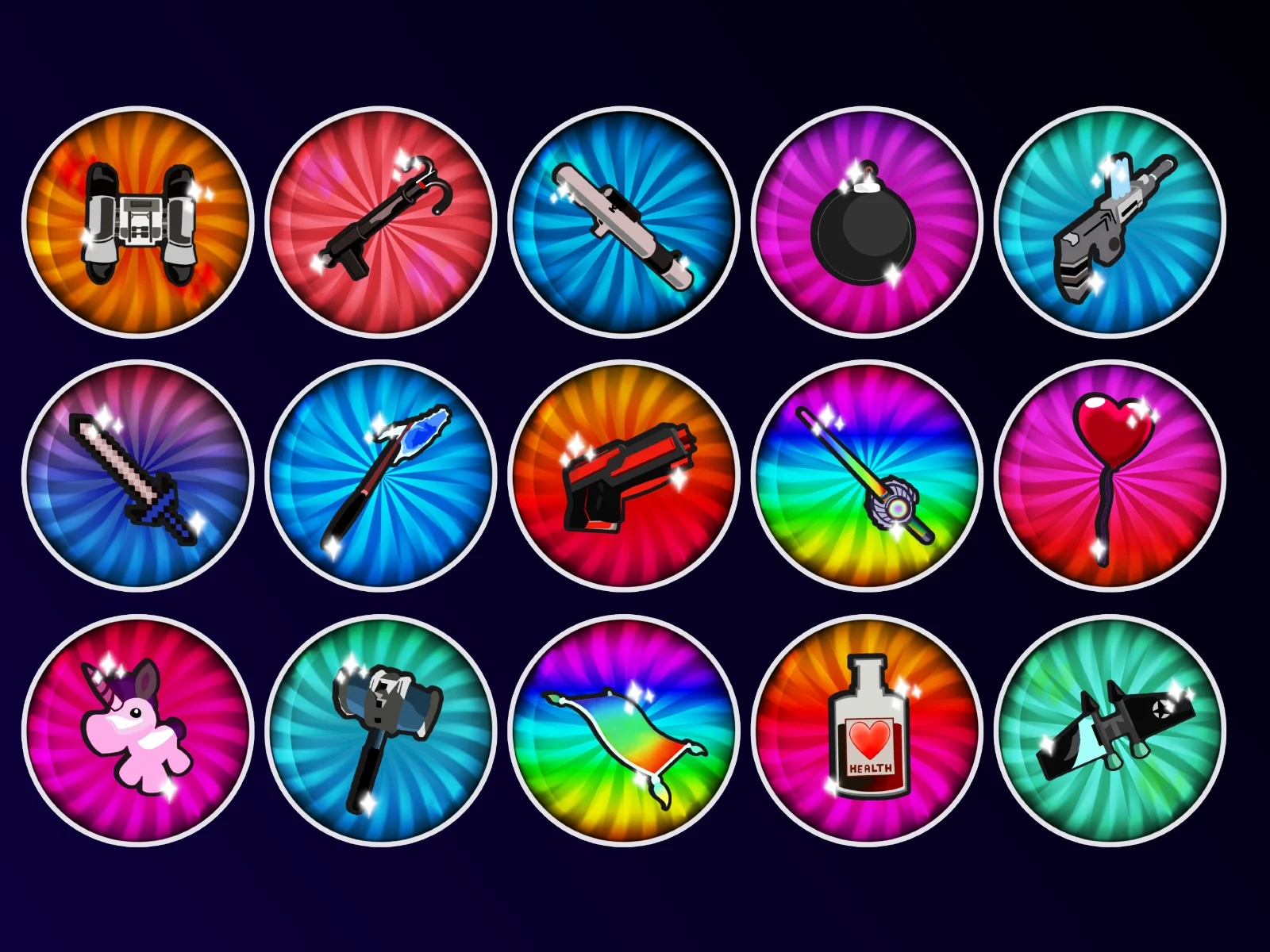 A 3x5 grid of fifteen circular pixel-art game icons on a dark blue background, showing weapons and items like a jetpack, shotgun, sword, bomb, and potion with orange, red, blue, teal, and rainbow gradient fills with white sparkles.