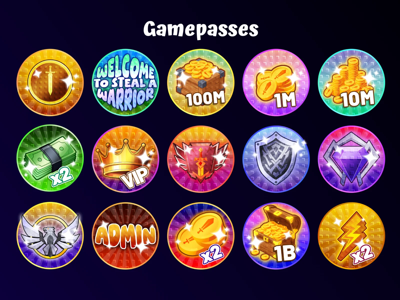 Dark blue background with a Gamepasses title above a grid of fifteen circular glossy icons showing swords, treasure chests, coins, shields, a crown, a gem, and multiplier labels.