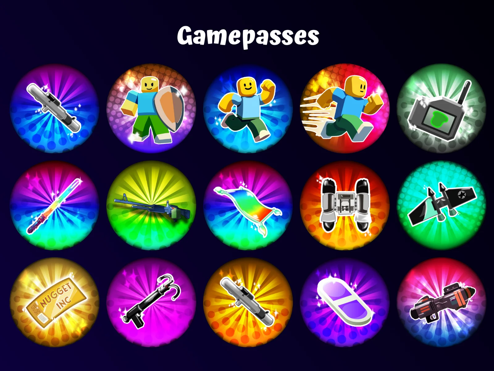 A 3x5 grid of circular gamepass icons with radial gradient backgrounds on a dark background, showing weapons and gear like a sniper rifle, shield, jetpack, rocket, hoverboard and lightsaber, under a Gamepasses title.