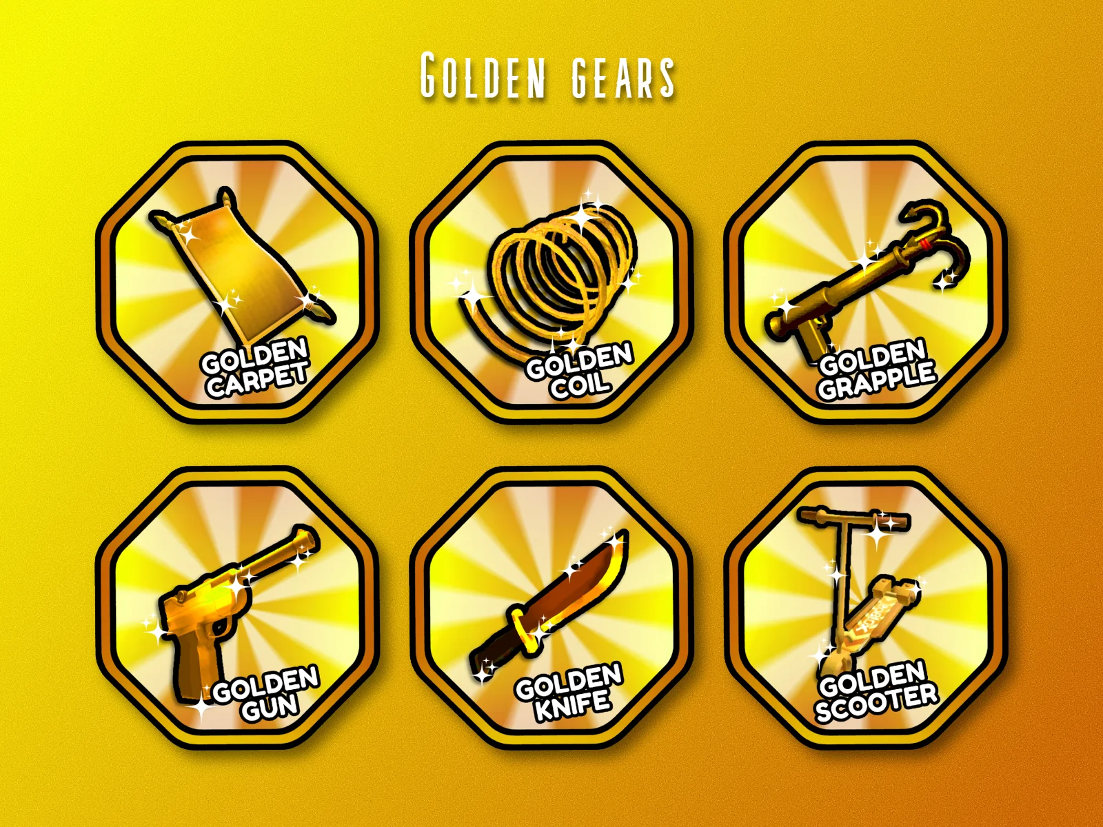Six octagonal game icons labeled Golden Carpet, Coil, Grapple, Gun, Knife and Scooter, arranged on a yellow radial background with heavy noise texture.