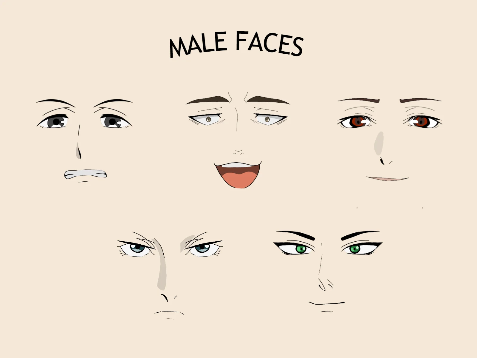 Arched black text reading Male Faces above five rows of floating anime-style eyes, eyebrows, noses, and mouths in varied expressions and colors on a beige background.