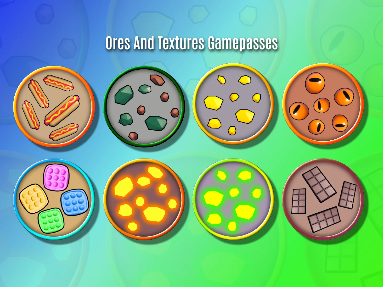 Eight circular gamepass icons in a two-by-four grid showing hot dogs, rocks, crystals, eyeballs, lego bricks, lava, slime, and chocolate bars on a blue-green gradient background.