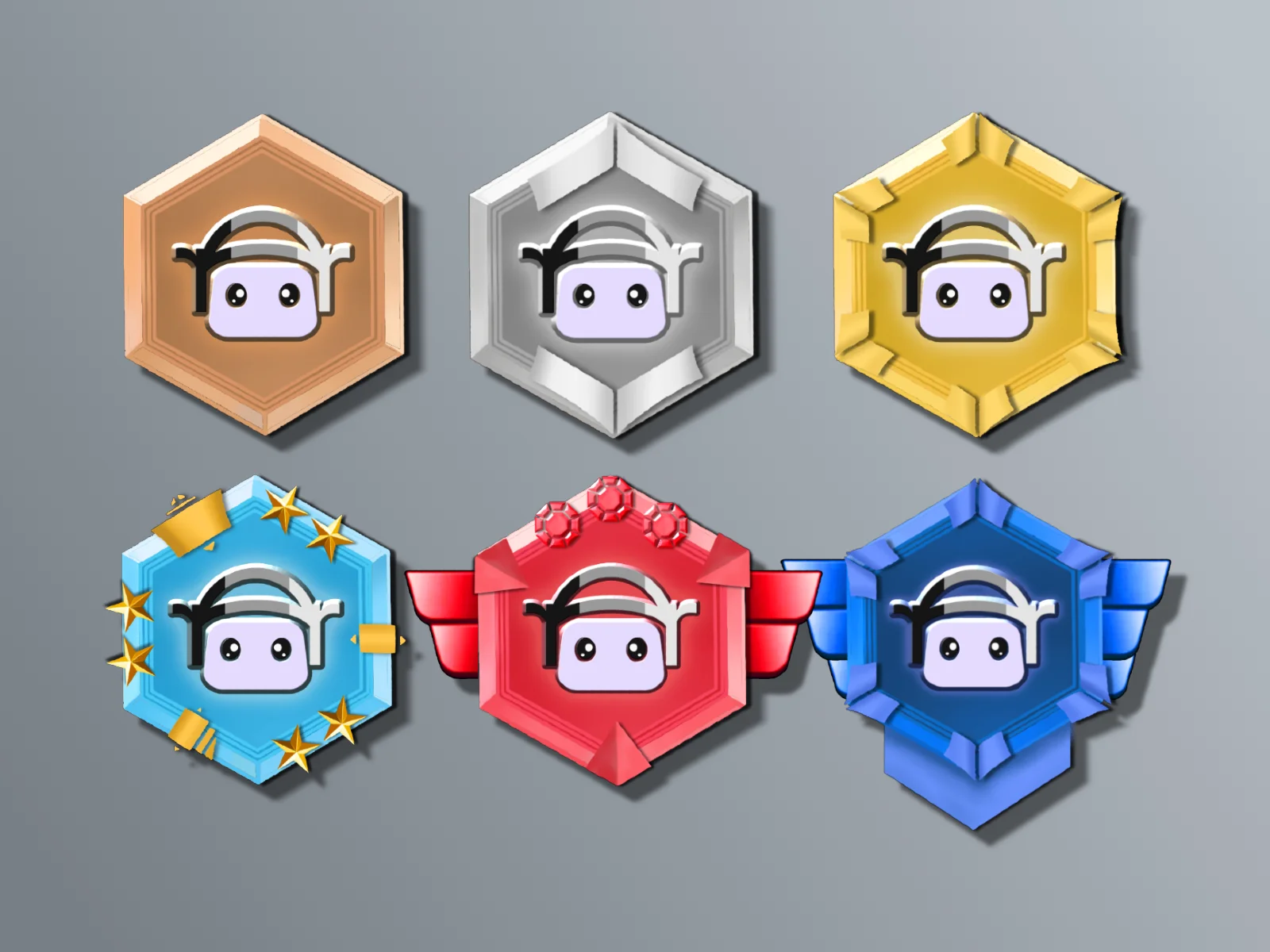 Six hexagonal achievement badges arranged in two rows of three on a gray background, colored bronze, silver, gold, cyan, red, and blue, each with a white robot head icon wearing a black headset.