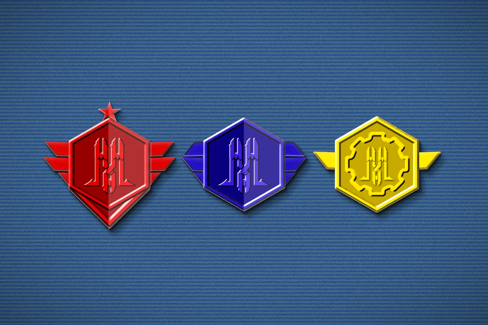Three hexagonal metallic badges in red, blue, and yellow with wing motifs and an embossed monogram, arranged horizontally on a blue denim-textured background.