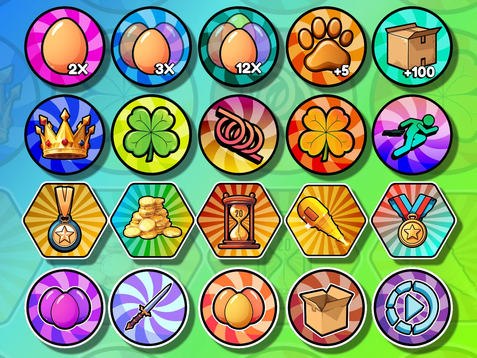 A grid of twenty colorful game icons in four rows on a green background, showing eggs, a paw, boxes, a crown, clovers, a spring, a runner, medals, coins, a carrot, a sword, and a play button with multiplier and bonus labels.
