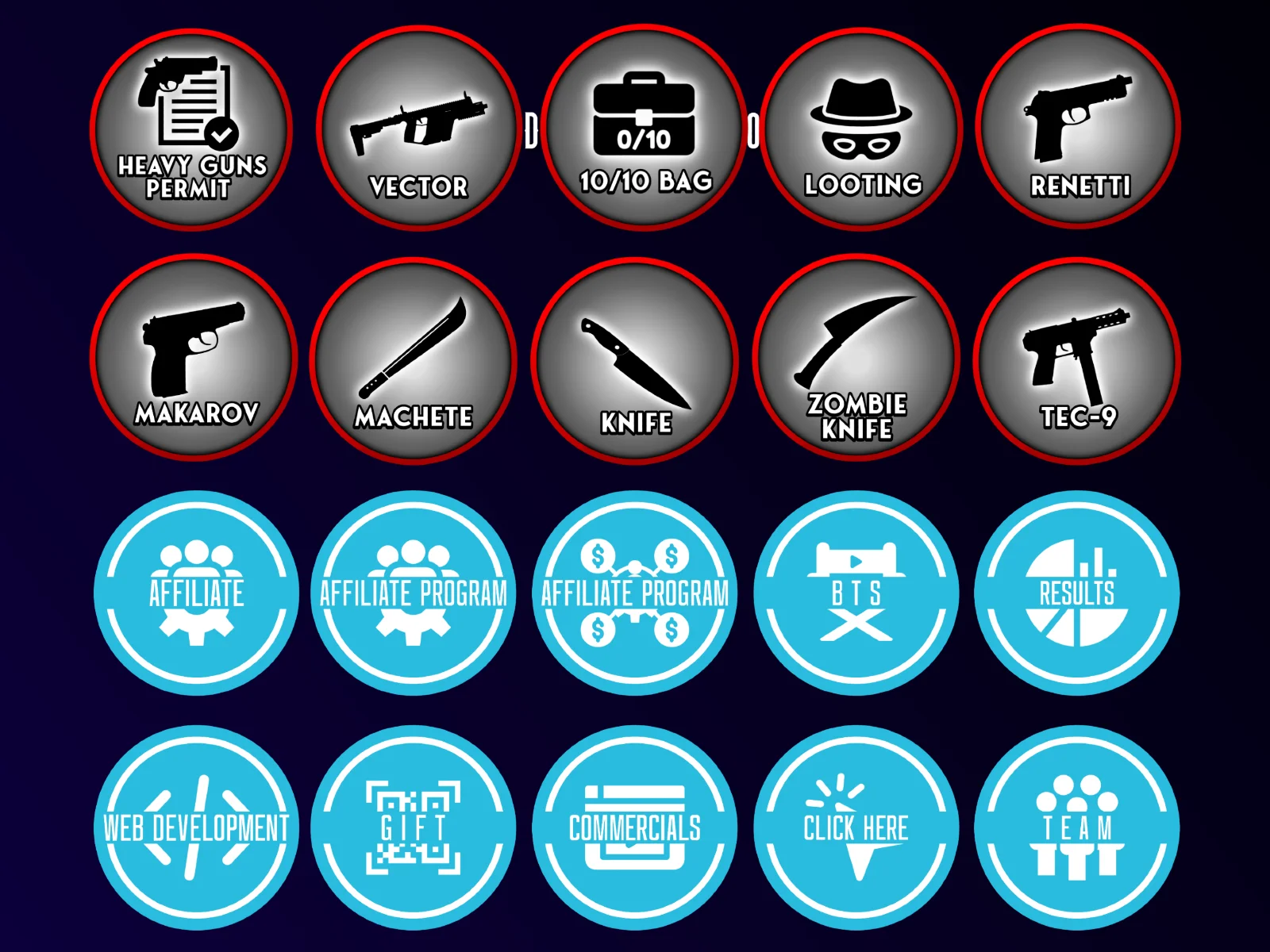 A four-by-five grid of circular icons on dark blue, with red-rimmed grey circles showing weapon and item silhouettes labeled Heavy Guns Permit, Vector, Makarov and similar, above cyan circles with white marketing and web service icons.