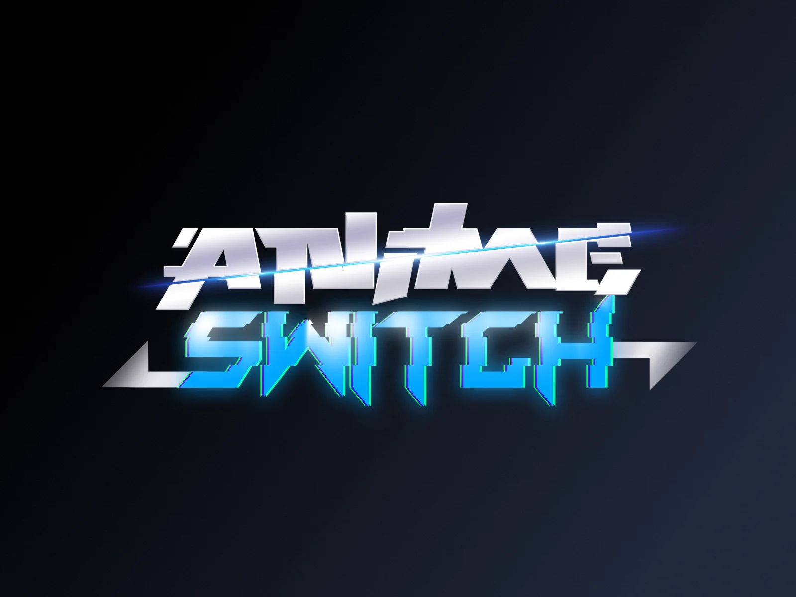 A two-line metallic logo on a dark navy gradient background: silver block letters reading ANIME with a blue lens-flare slash above glowing cyan letters reading SWITCH flanked by angular silver wings.