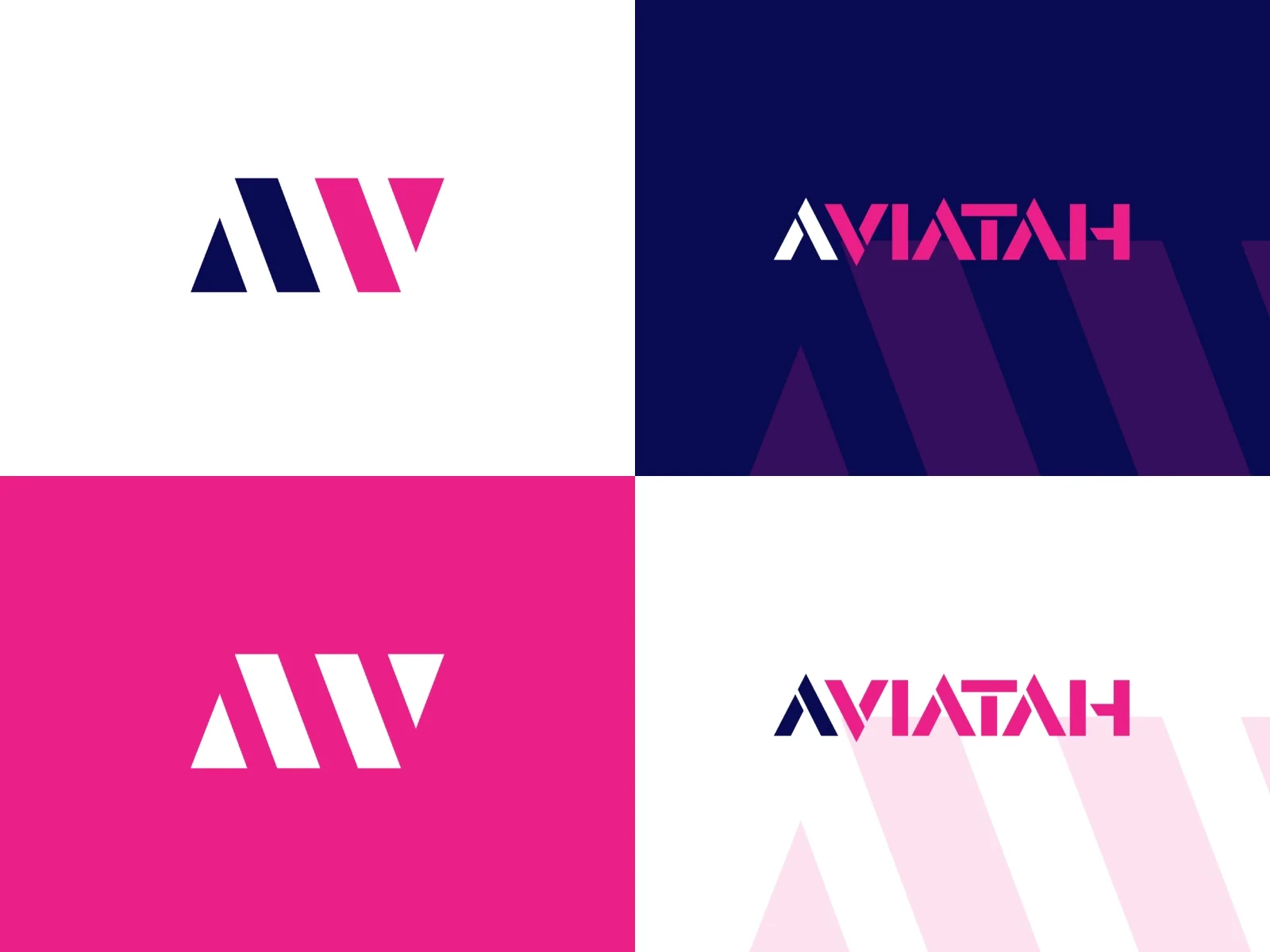 A 2x2 grid of logo variations for Aviatah: navy and magenta AV monogram on white, white wordmark on navy, white mark on magenta, and navy wordmark on white with faint pink stripes.