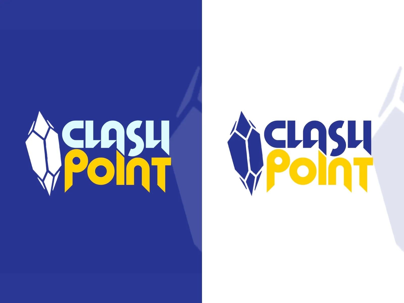 Split logo design with faceted crystal icon and Clash Point wordmark, shown twice on dark blue and white backgrounds with faint crystal silhouettes.