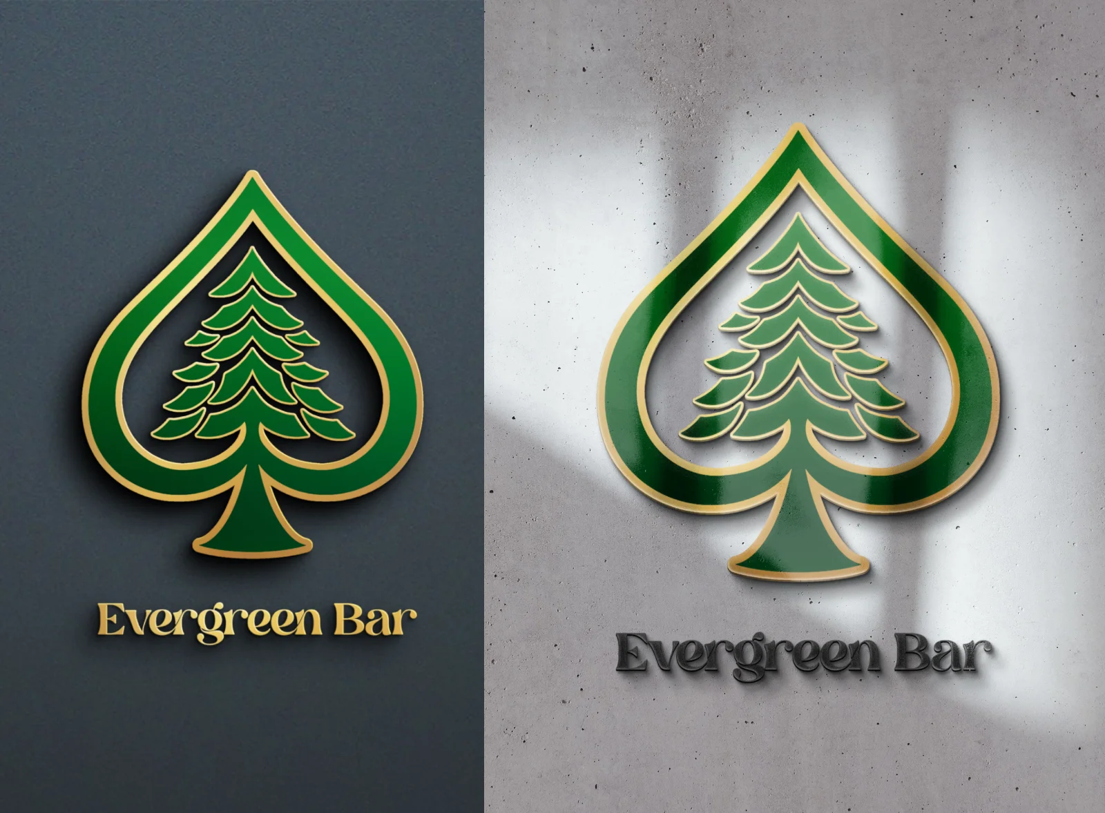 A split presentation mockup showing a green and gold spade logo containing a pine tree, with the text Evergreen Bar on a dark slate background at left and a concrete background at right.
