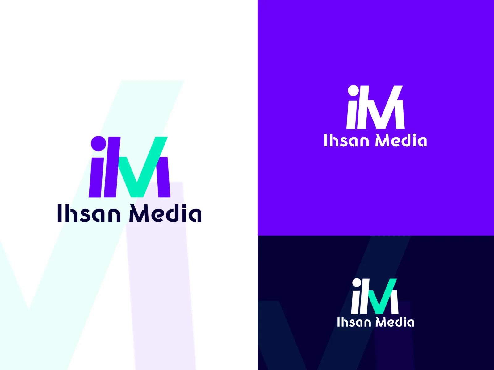 A logo presentation sheet in three panels showing a stylized iM monogram with purple i and teal M above the text Ihsan Media, on white, purple, and dark navy backgrounds.