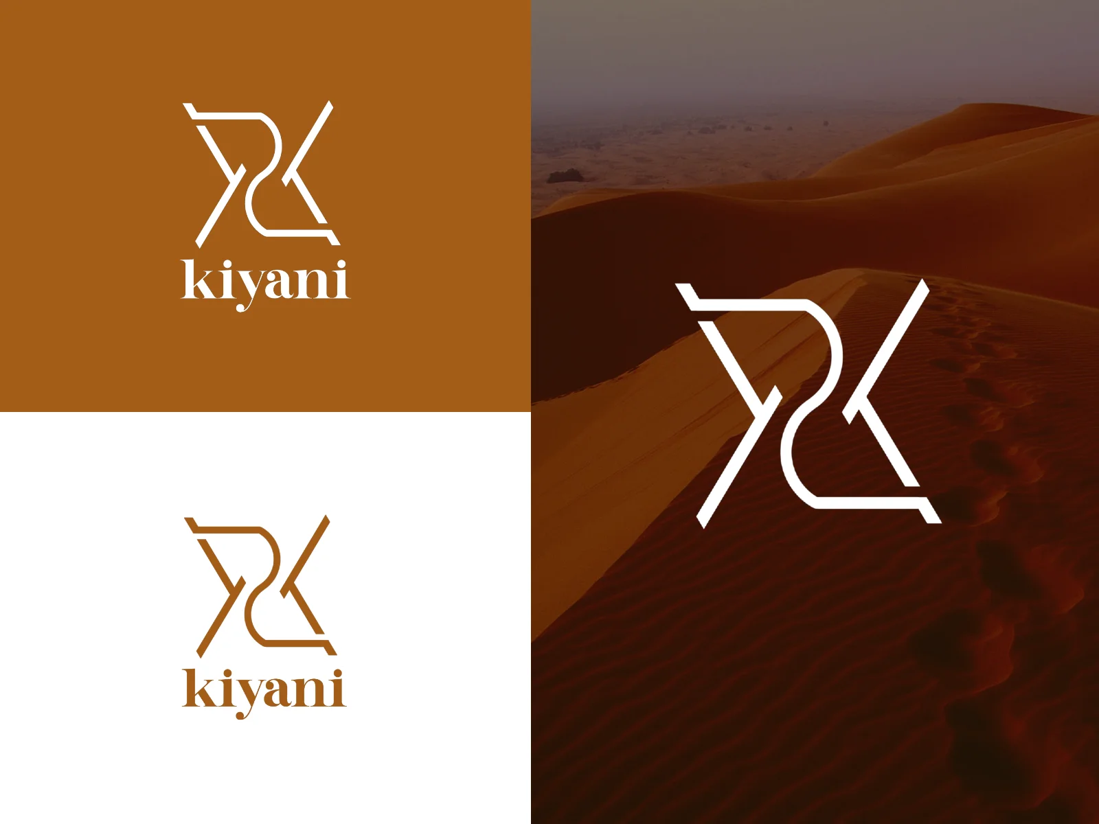Three-panel logo presentation showing a white monogram and kiyani wordmark on brown, a brown version on white, and a large white monogram over a dark desert dune photograph with footprints.