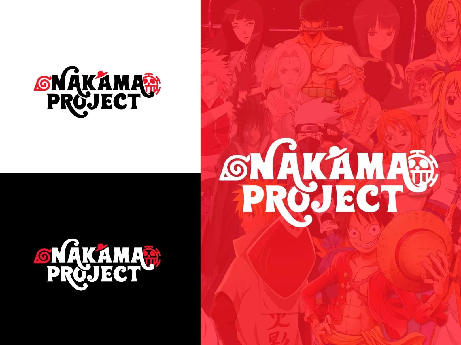 Brand sheet showing three Nakama Project logos in stylized serif type with spiral and skull icons, on white and black panels beside a red-tinted anime character collage.