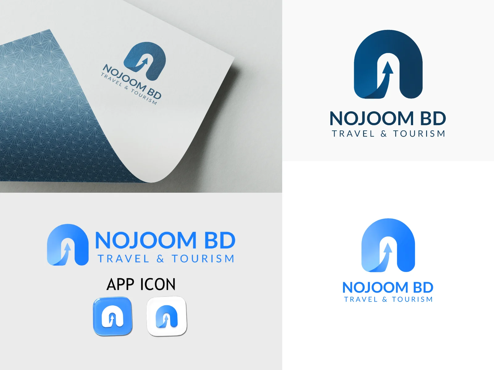 Brand identity board for Nojoom BD Travel and Tourism showing a curled paper mockup, a dark navy arch and arrow logo on white, and blue horizontal and vertical lockups with two rounded-square app icons.