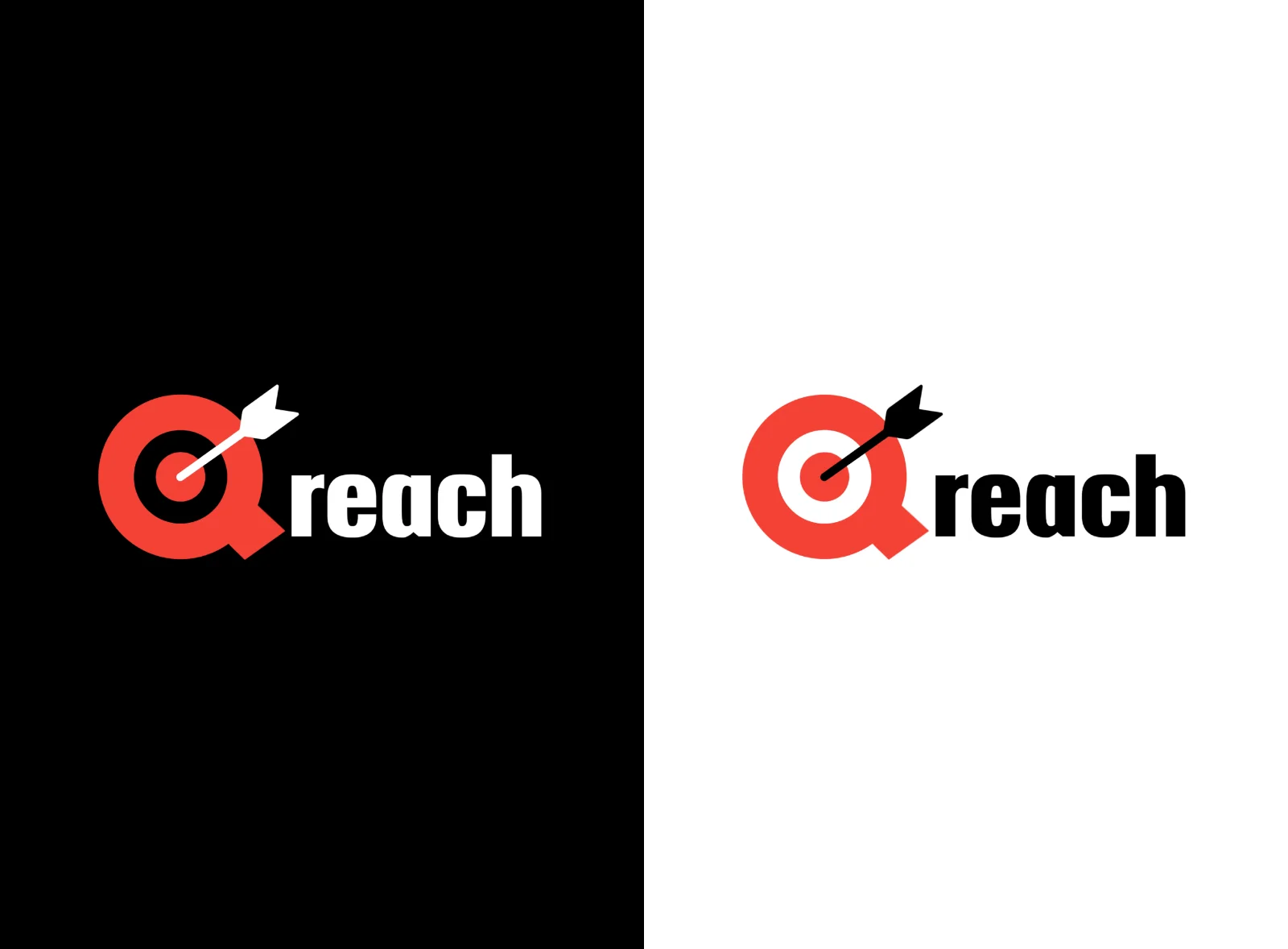 A logo design shown in two colorways on split black and white panels, featuring a red target ring with a Q-shaped arrow and the word reach beside it.