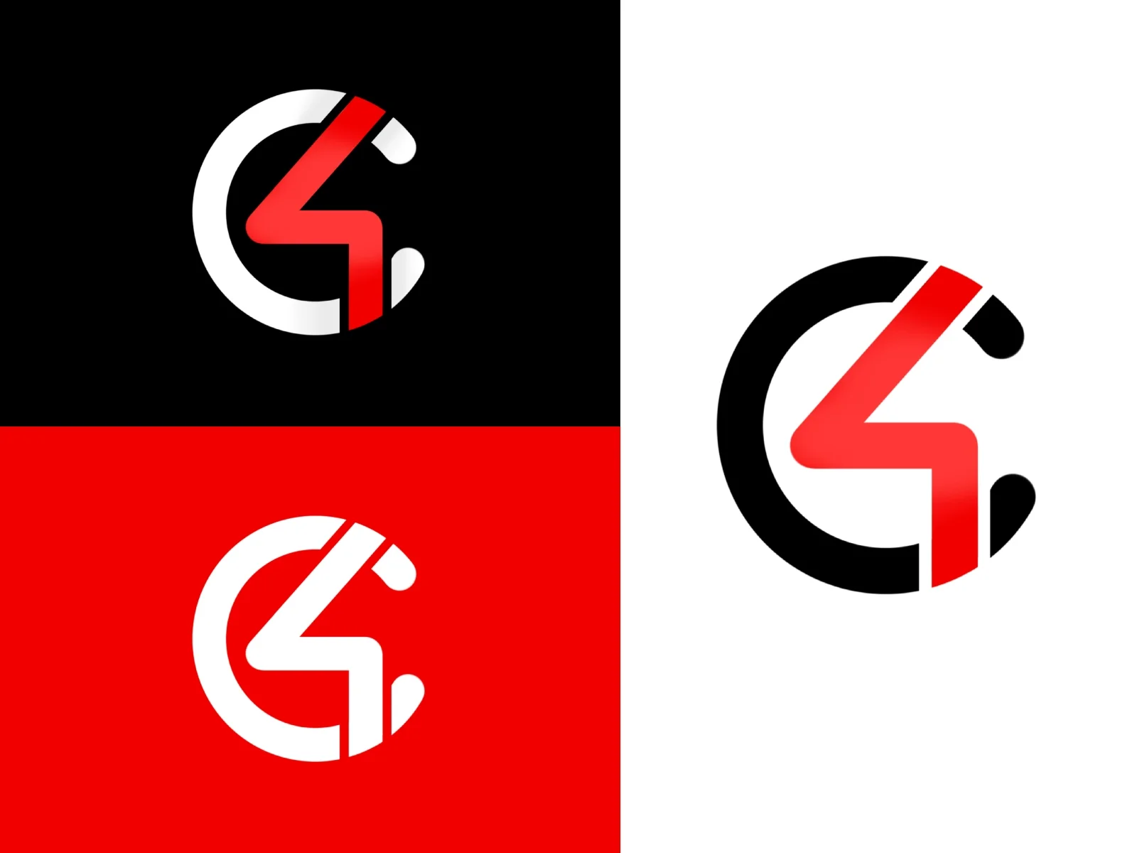 Three-panel logo presentation on black, red, and white backgrounds showing a curved white letterform with a red number four, with glossy gradient effects.