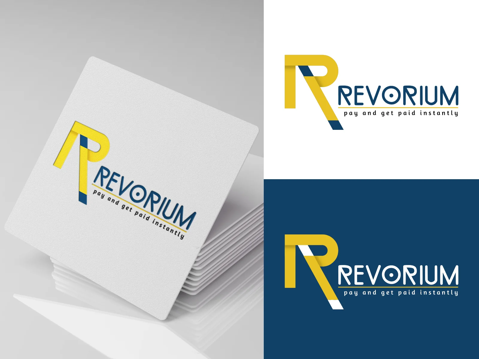 Brand identity mockup with stacked white square cards on a gray surface beside flat logo versions on white and navy, featuring a stylized yellow and navy R with the text Revorium and pay and get paid instantly.