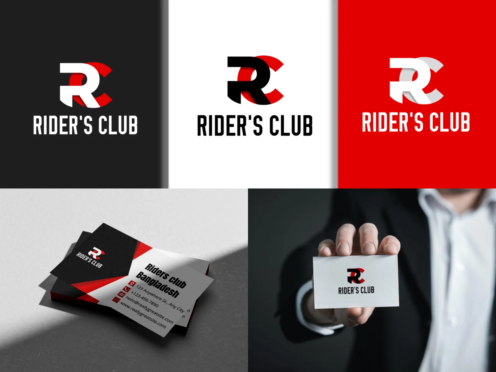 A branding presentation showing a stylized RC logo in black, white and red, plus business card mockups for Riders Club Bangladesh with contact details and a hand holding one card.