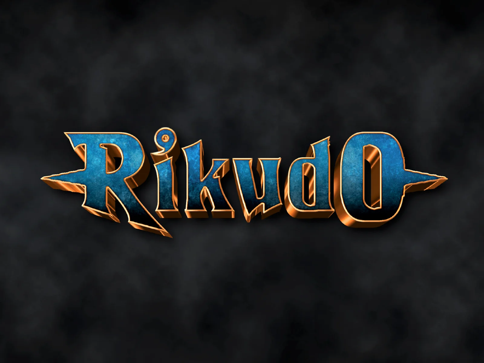 Stylized 3D logo reading RikudO in textured blue letters with beveled gold edges, flanked by horizontal spikes on a dark smoky grey background.