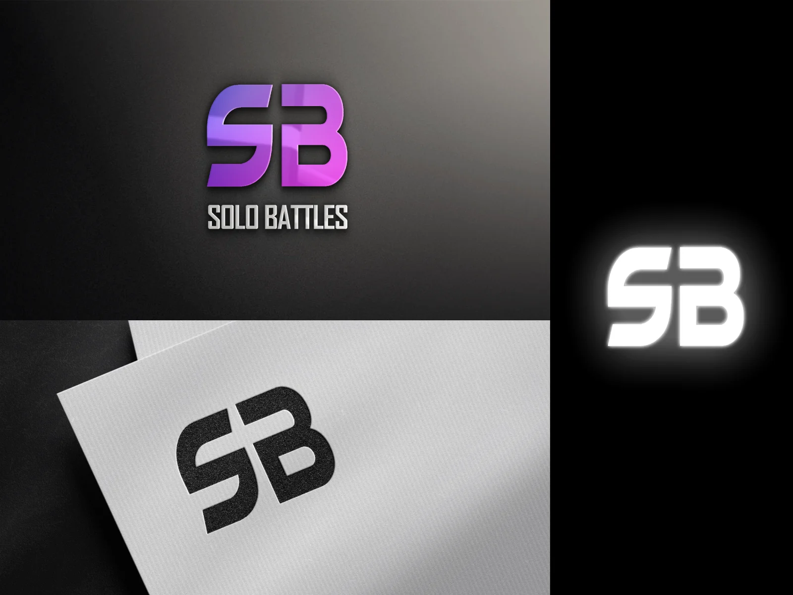 Three-panel logo presentation for SB showing a purple gradient monogram with SOLO BATTLES text, a glowing white version on black, and a printed black version on angled white paper.