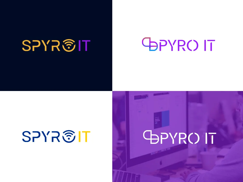 A 2x2 grid of logo variants for Spyro IT, showing navy, white, and purple backgrounds with wifi icon lettering and a purple desk mockup.