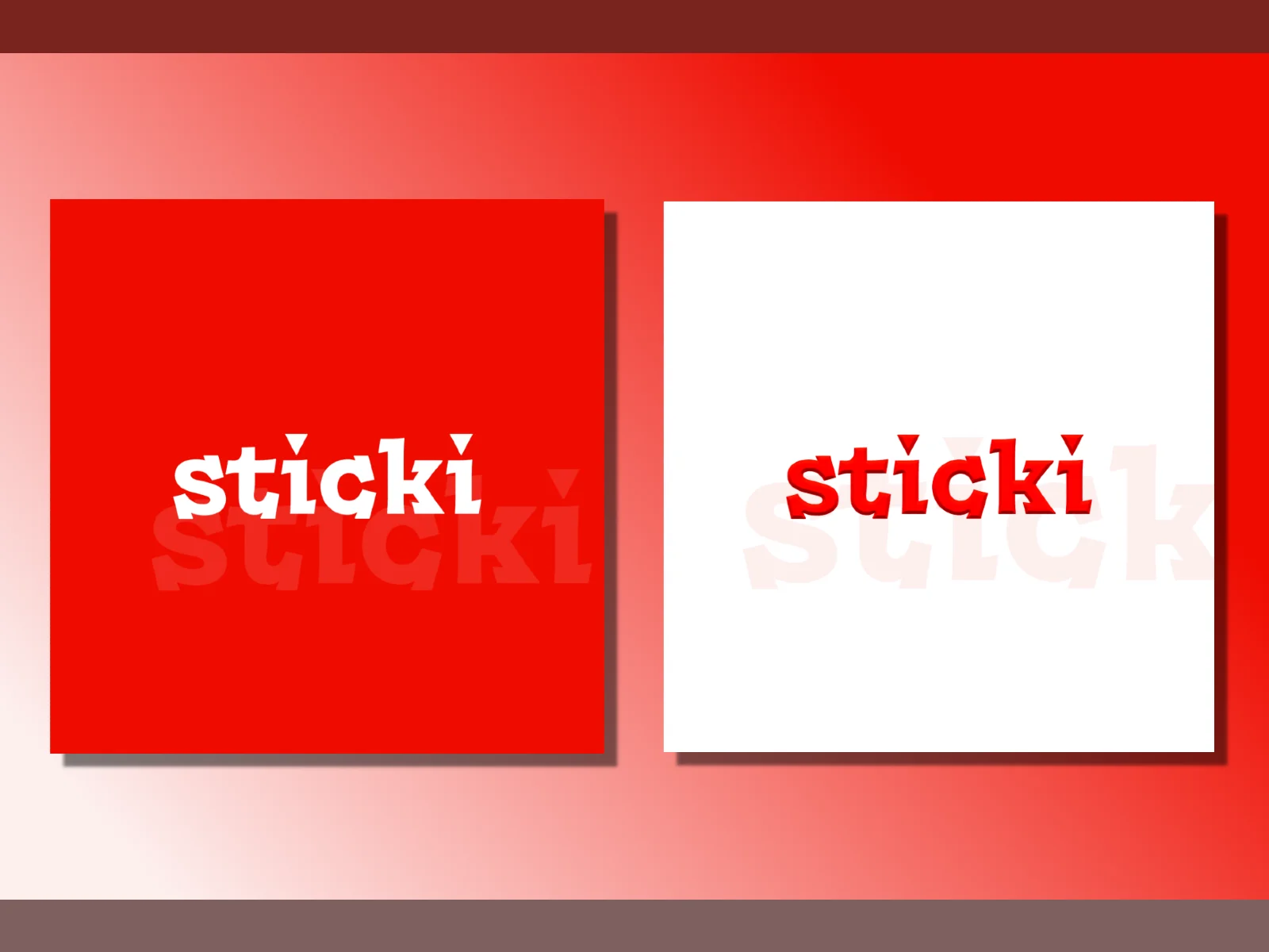 Two square logo panels on a red gradient background: one red panel with white sticki wordmark and ghosted repeat, one white panel with red sticki wordmark and faint ghost text.
