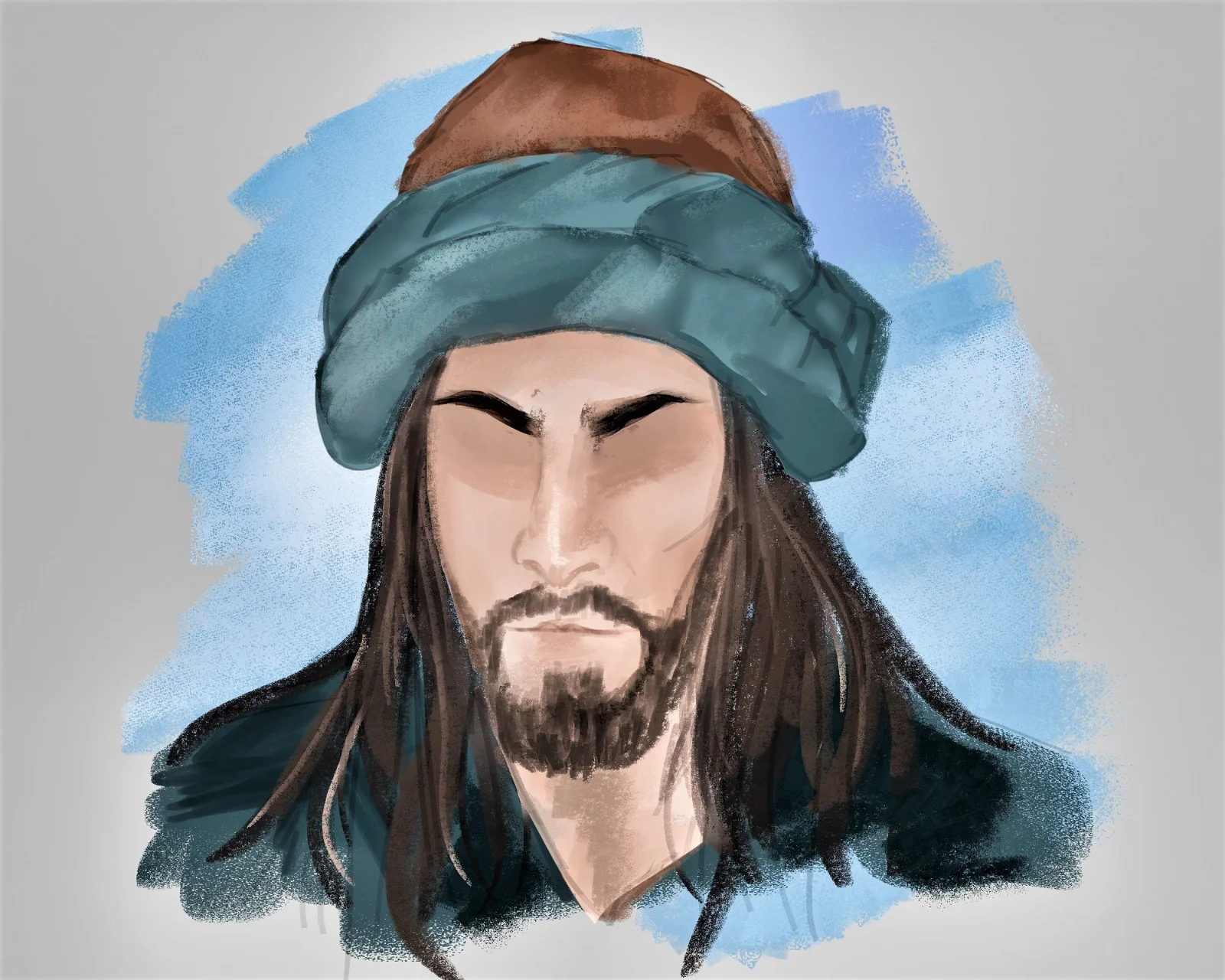 Digital portrait of a bearded man with long dark hair and a teal turban over a brown cap, wearing a dark garment against a blue brushstroke on a gray background.