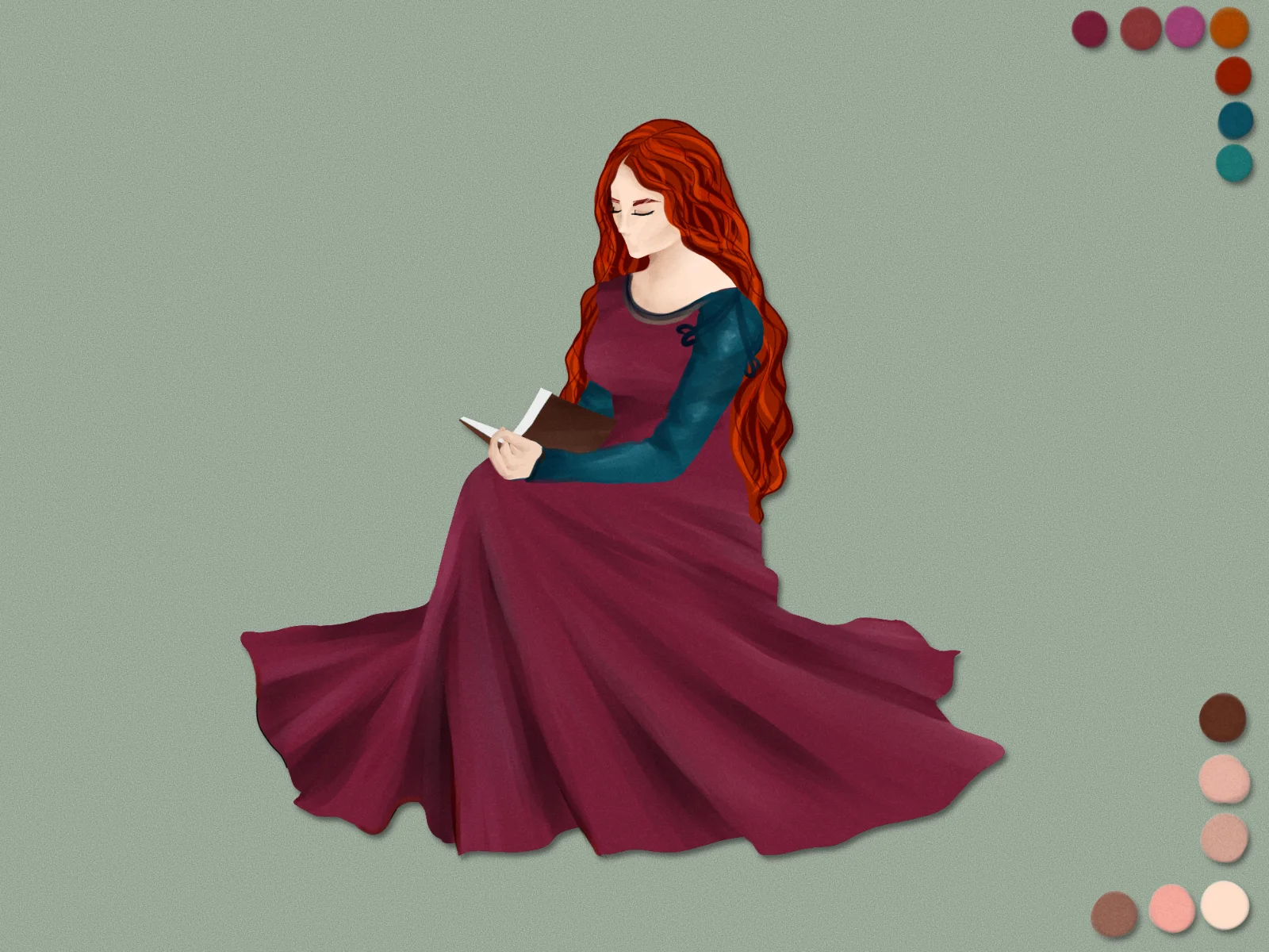 Digital illustration of a red-haired woman in a maroon gown with teal sleeves reading an open book against a textured sage green background, with color palette swatches in two corners.