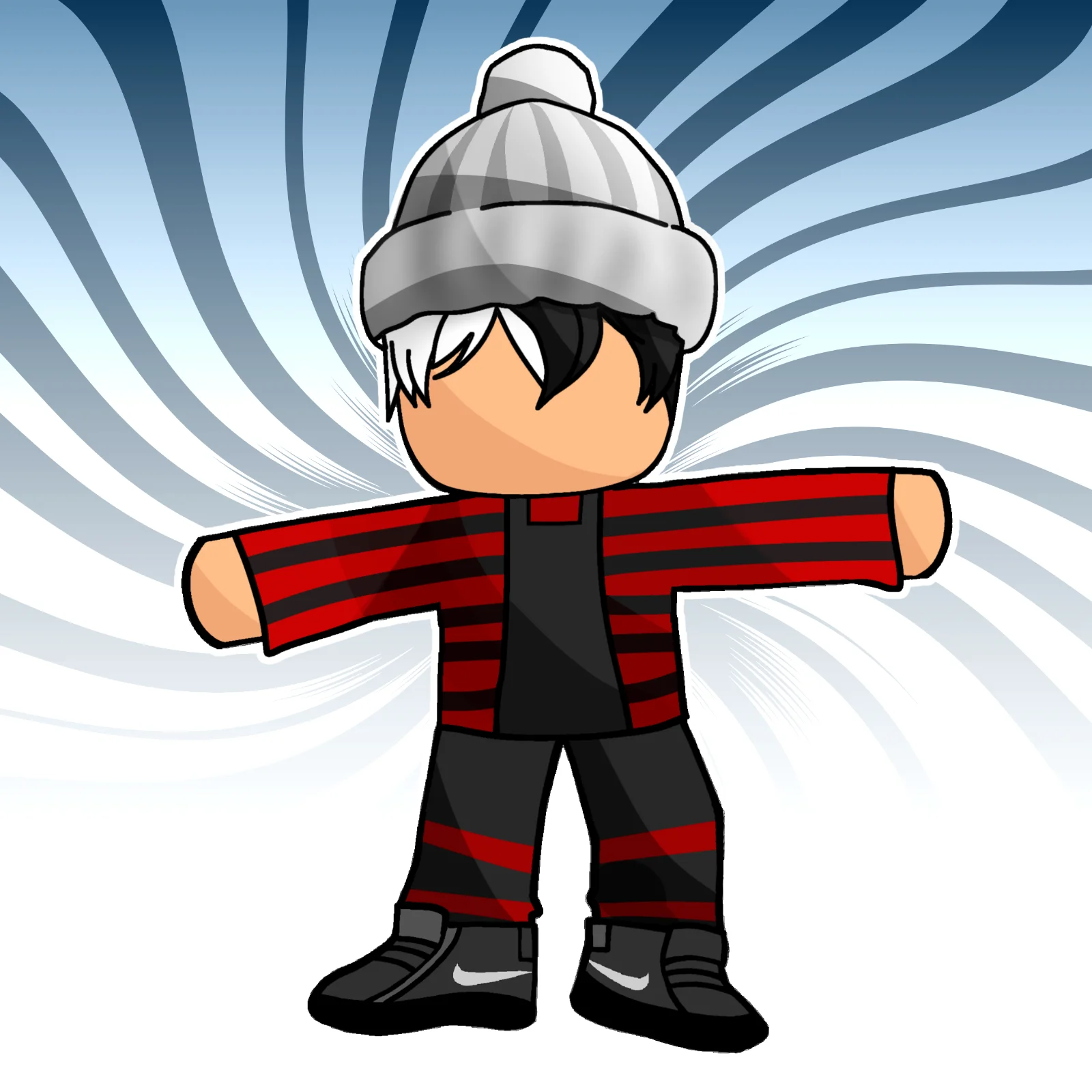 Blocky Roblox-style avatar in a T-pose wearing a grey beanie, black and white hair, red and black striped shirt and pants, and black sneakers, against a blue and white radial swirl background.