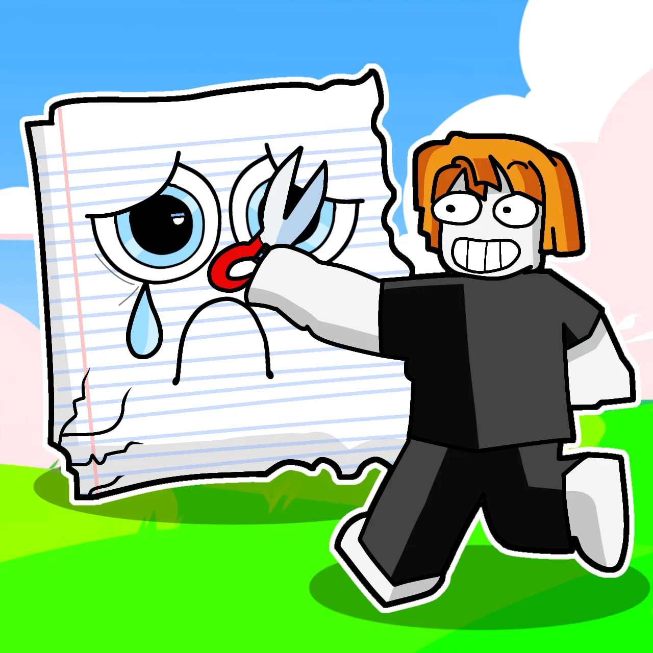 A blocky orange-haired cartoon character in black runs across green grass holding red scissors toward a giant crying lined-paper sheet with blue eyes, under a blue sky with pink and white clouds.