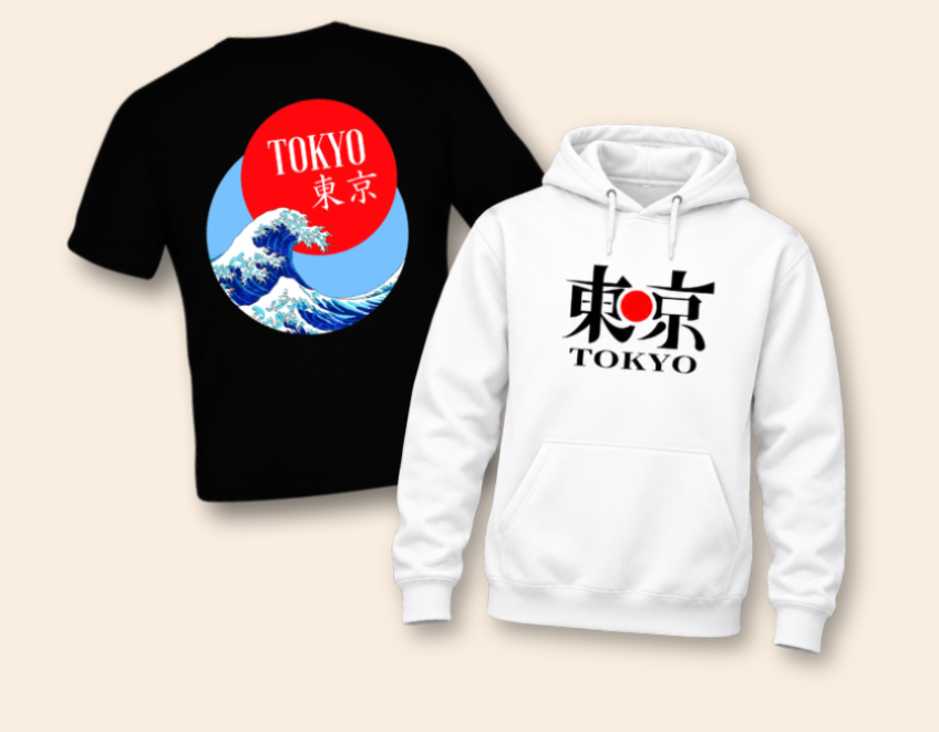 A black t-shirt with a red circle over a blue wave and TOKYO and 東京 text beside a white hoodie with matching black and red Tokyo graphics.