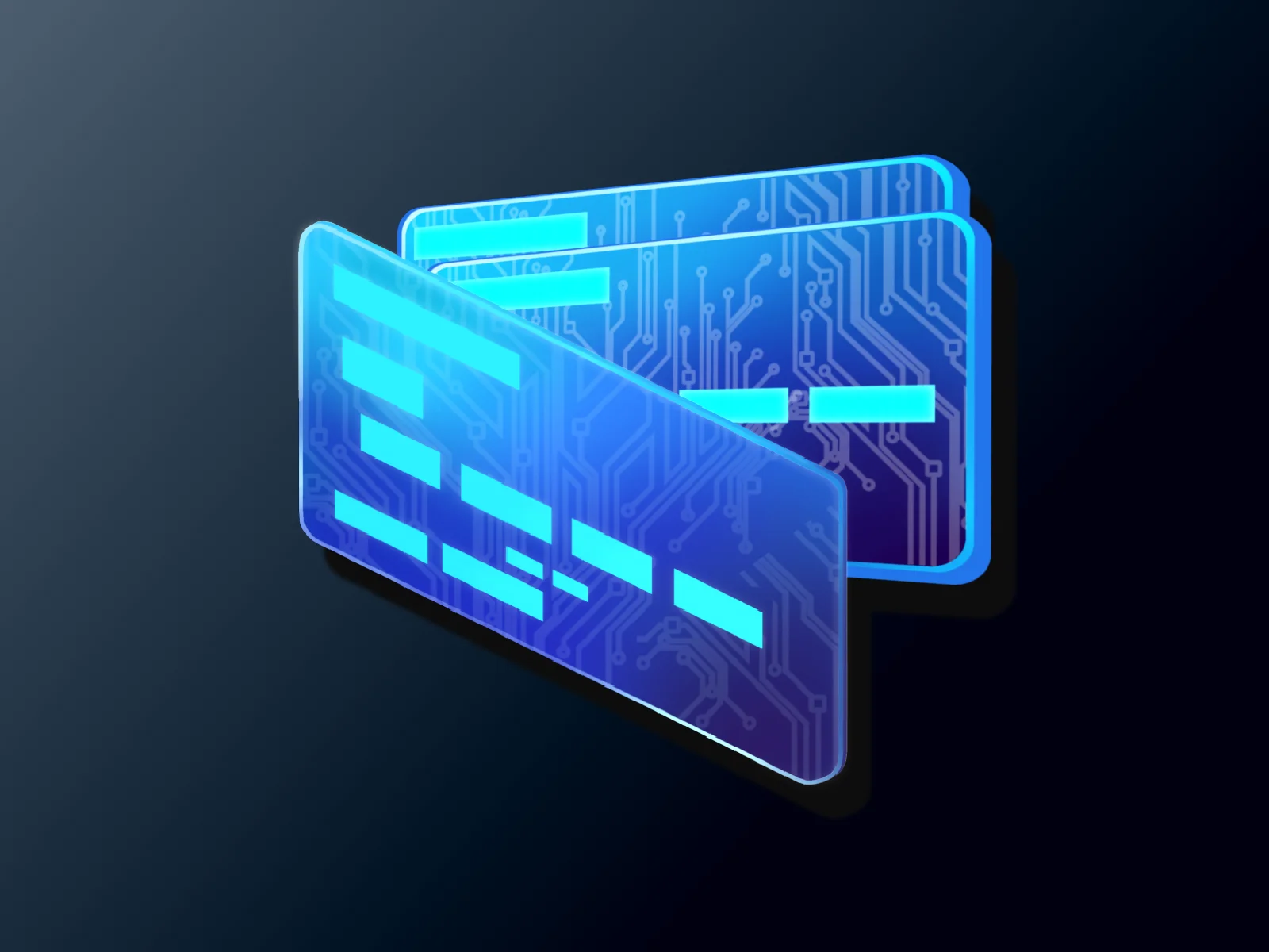 Two translucent blue credit-card shapes with glowing cyan circuit-board traces and light blocks, floating diagonally over a dark navy gradient background.