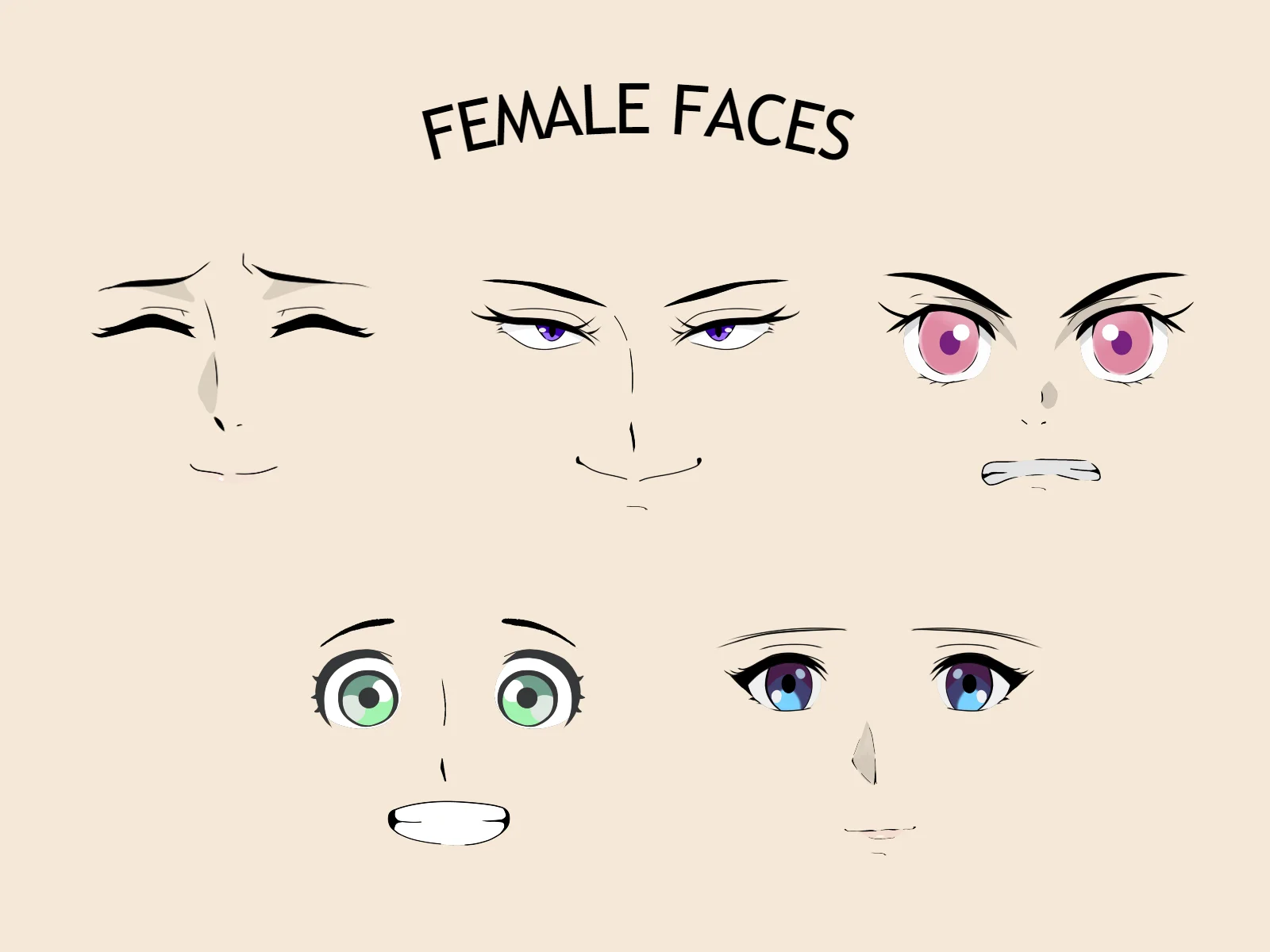Beige background with black arched text reading Female Faces above five floating anime-style sets of eyes, noses, and mouths in varied colors and expressions.