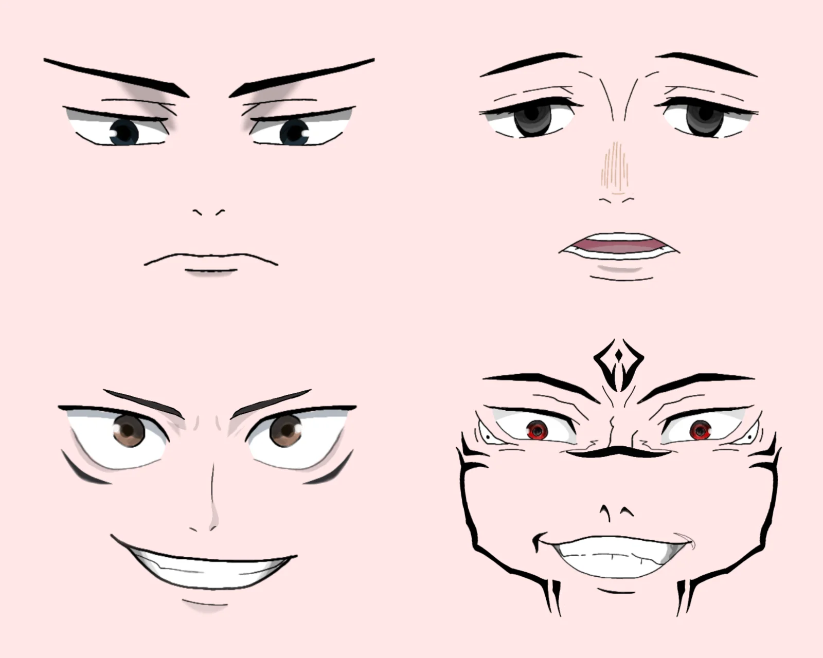 Four anime-style facial expression studies on a pale pink background, showing stern, weary, grinning, and red-eyed grinning faces with dark outlines.