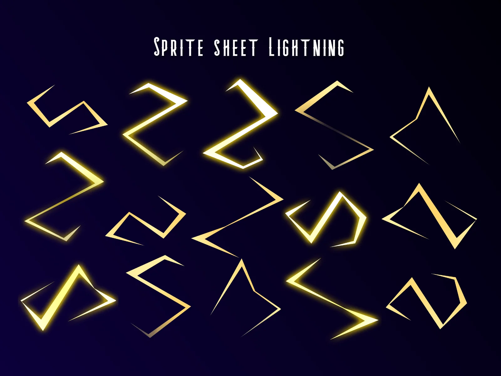 Dark navy background with white condensed text reading Sprite Sheet Lightning at top and about fifteen glowing yellow angular zigzag lightning bolts scattered in loose rows.