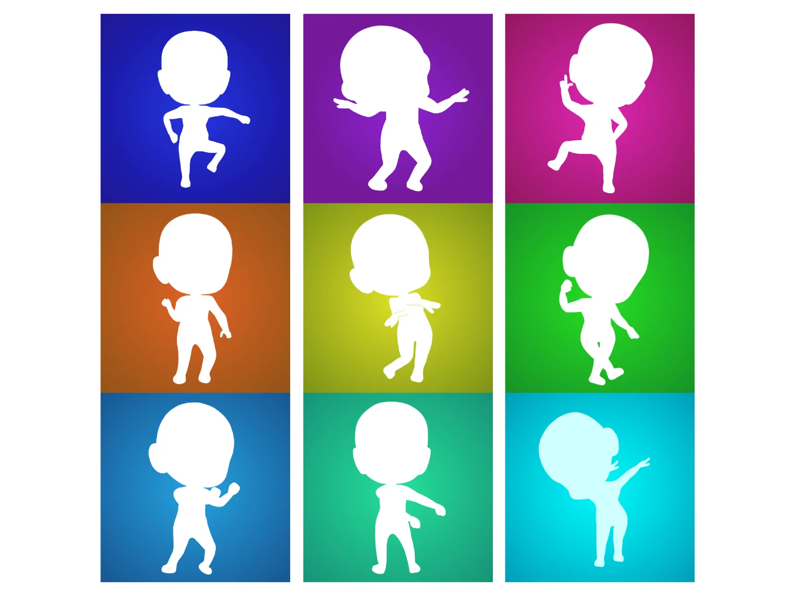 A three-by-three grid of white featureless chibi figures in dance poses, each on a flat colored panel of blue, purple, magenta, orange, green, teal and cyan.