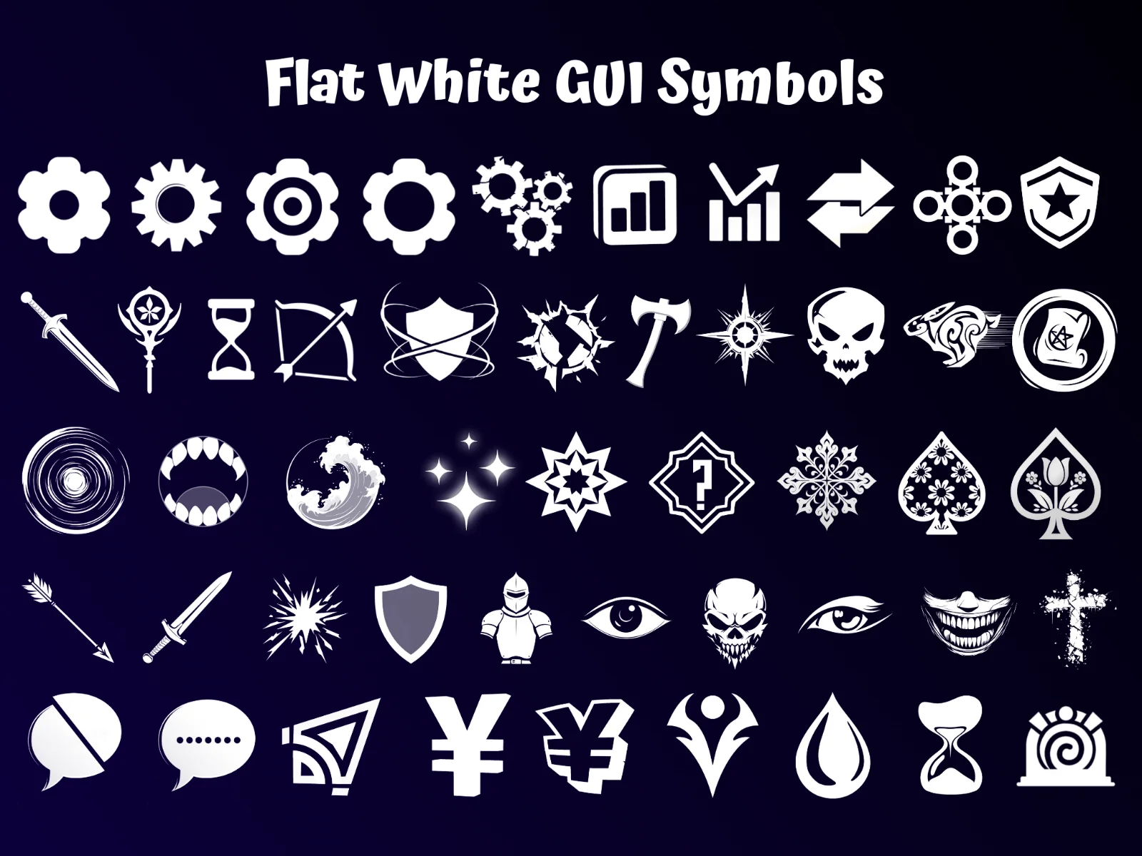 A 5x10 grid of white flat icons including gears, charts, weapons, skulls, spades, yen signs and speech bubbles on a dark blue background with a white title.