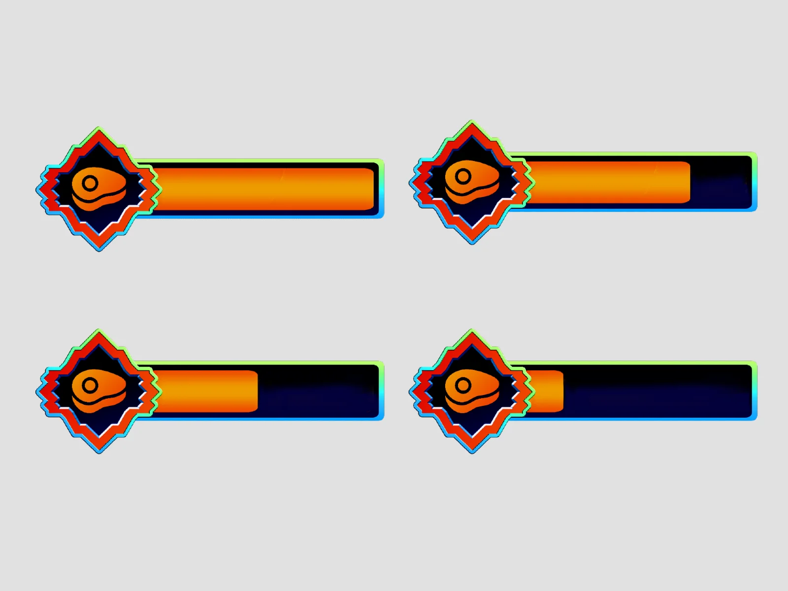 Four horizontal game UI health bars on a gray background, each with a jagged diamond icon holding an orange steak symbol and orange fill levels decreasing from full to nearly empty.