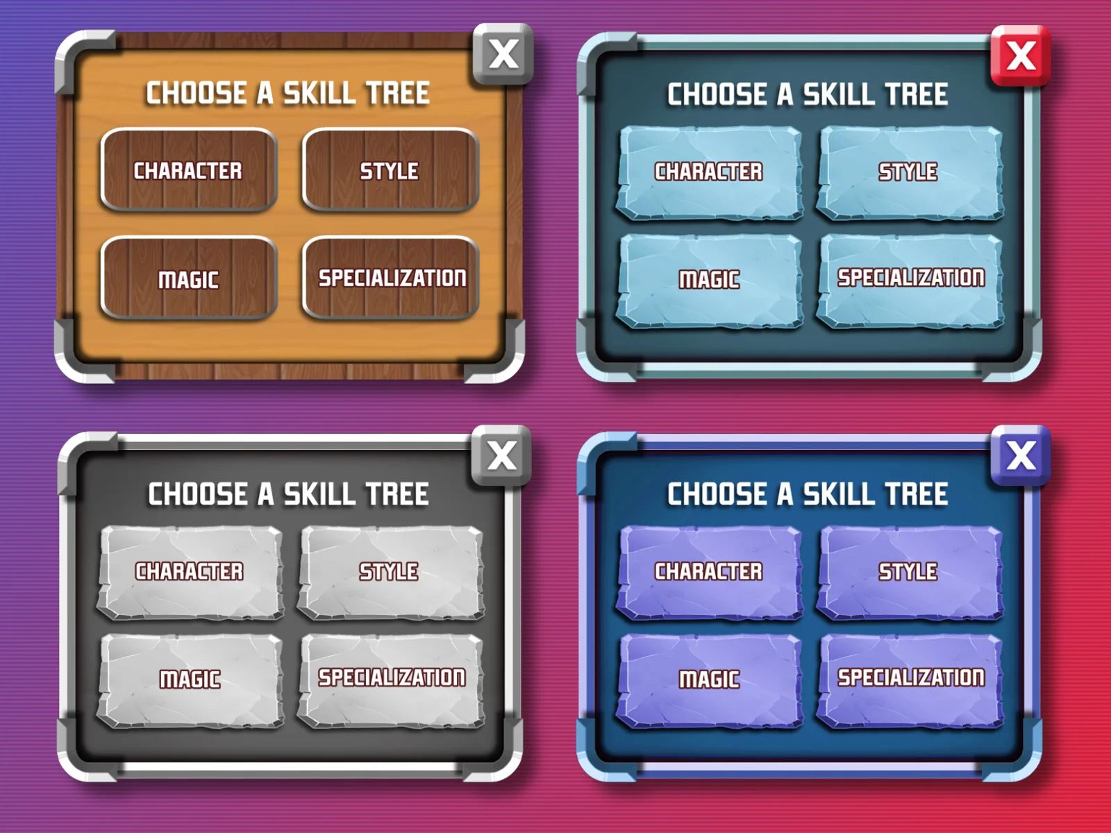 Four game UI panels in a 2x2 grid on a purple-to-red gradient, each with a metallic frame, close button, and buttons labeled Character, Style, Magic and Specialization in brown, teal, grey and purple themes.