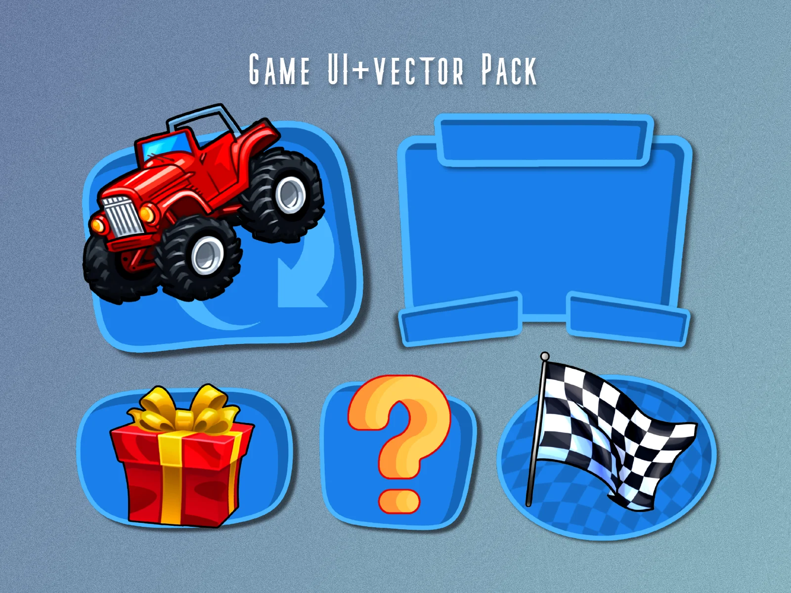 Gray textured background with white text reading Game UI Vector Pack above five glossy blue buttons showing a red monster truck, an empty panel, a red gift box, orange question mark, and checkered flag.
