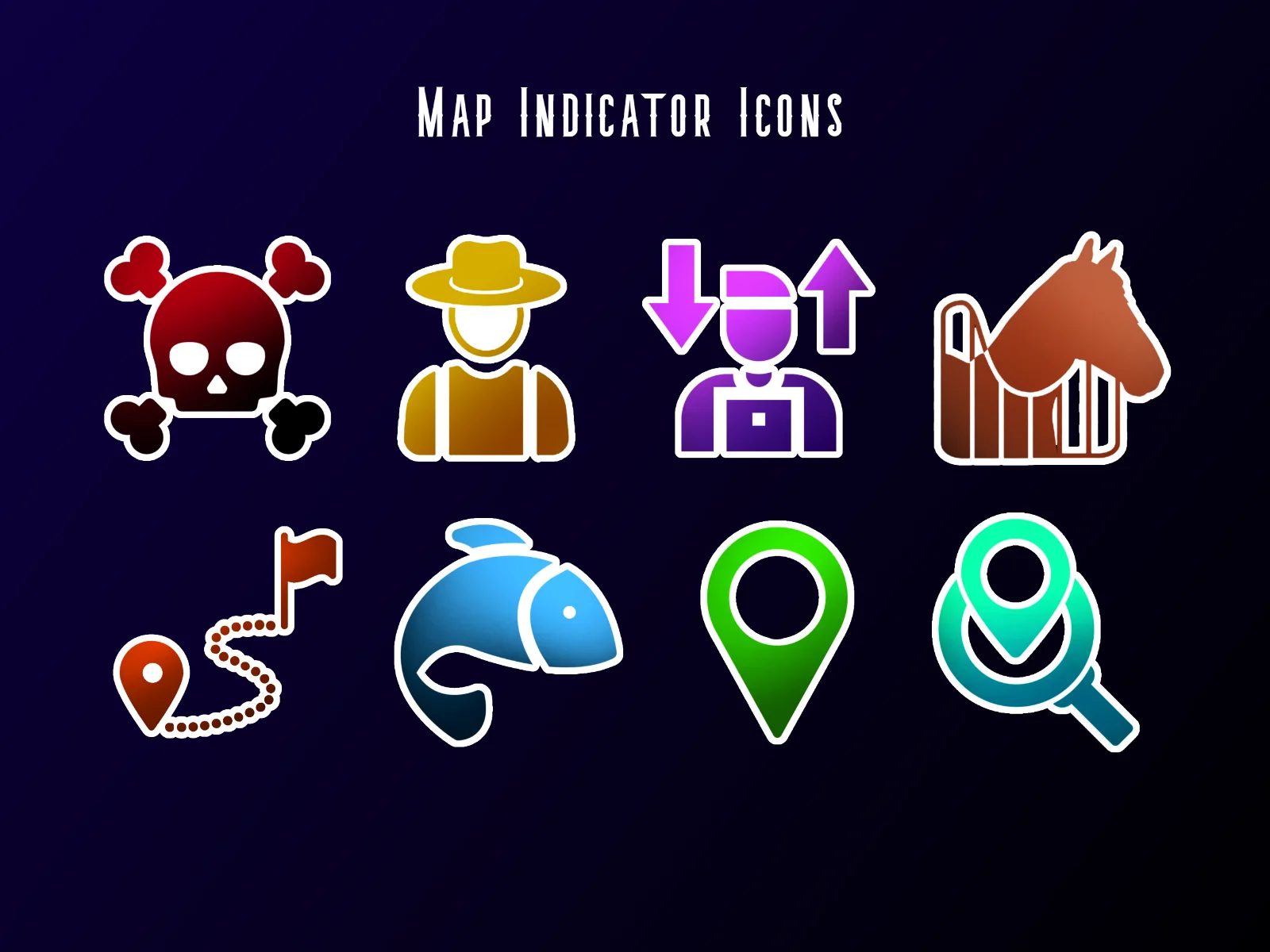 Eight glossy map indicator icons in two rows on a dark navy background, including a red skull, yellow farmer, purple arrows figure, brown horse, orange route flag, blue fish, green pin, and teal magnifier pin.