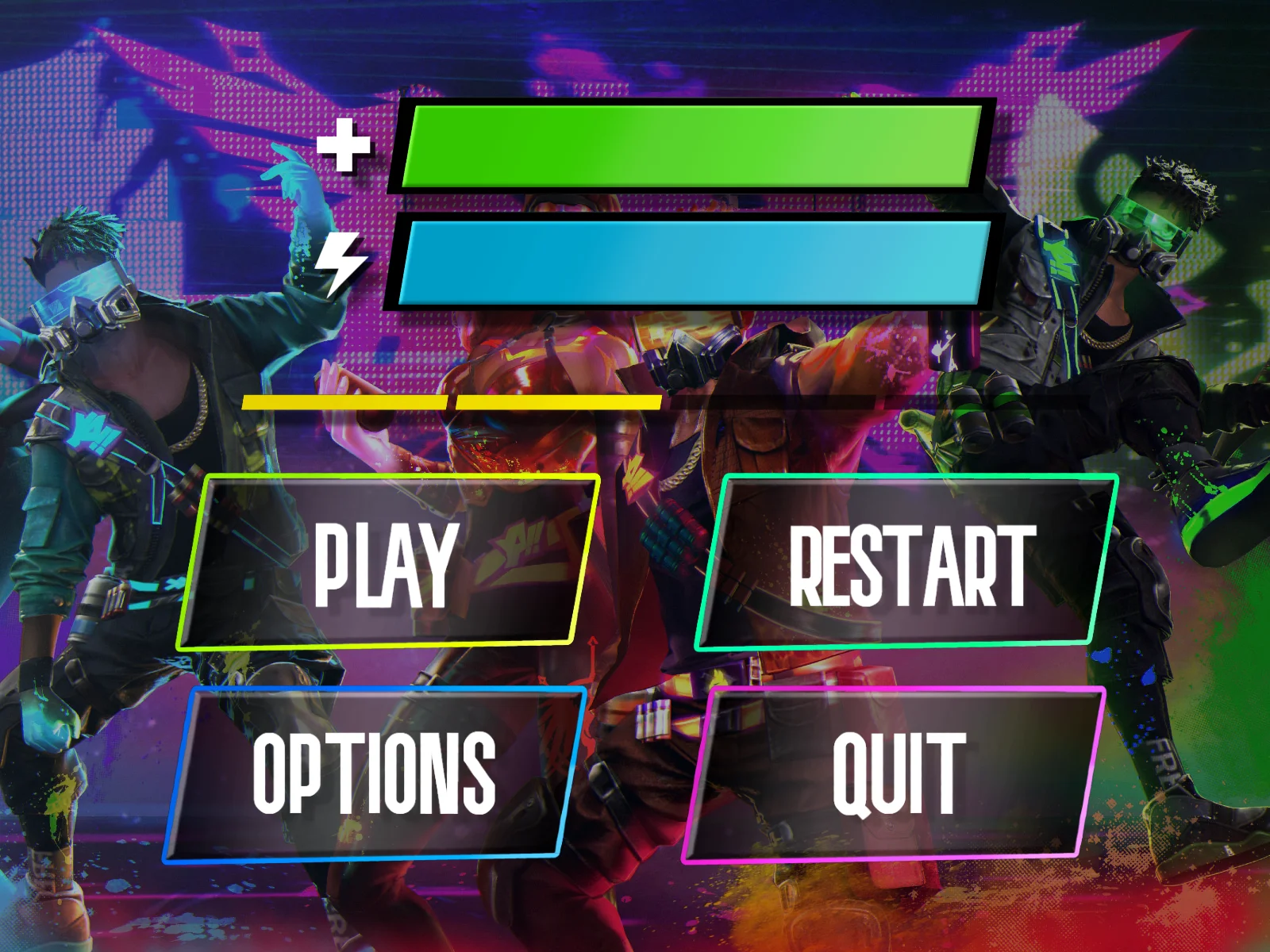 Cyberpunk game menu screen with two flanking characters, green and blue status bars with icons, a yellow progress line, and white PLAY, RESTART, OPTIONS and QUIT buttons over a purple and pink graffiti background.