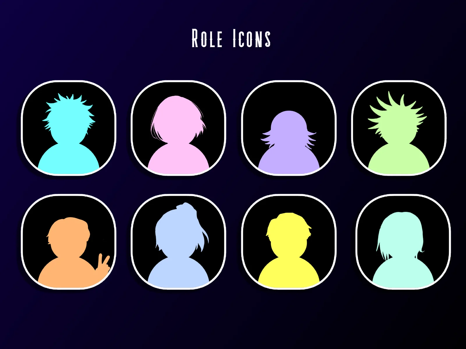 A 2x4 grid of eight rounded-square avatar icons on a dark blue gradient, each showing a colored silhouette head on black background with white borders, under the title Role Icons.