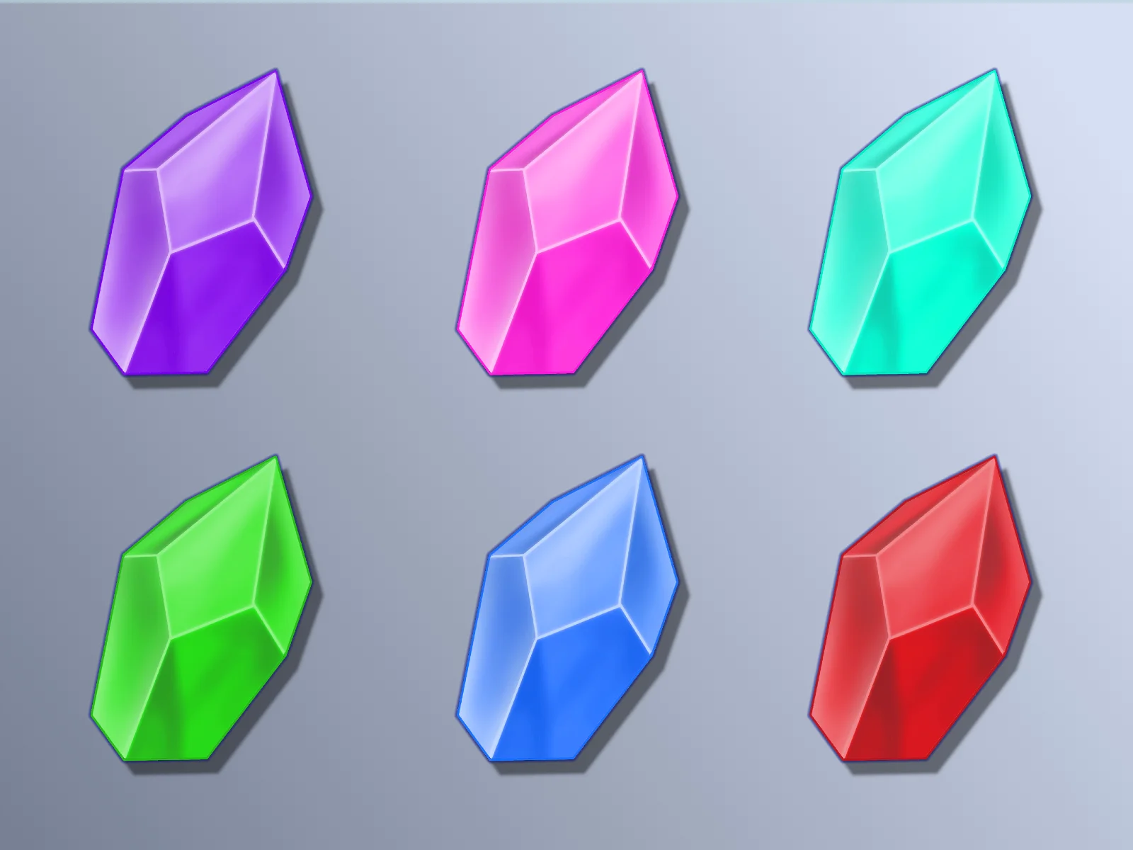 Six faceted gemstone icons arranged in a two-by-three grid on a gray gradient background, colored purple, magenta, cyan, green, blue, and red, each with white edge highlights and a soft drop shadow.
