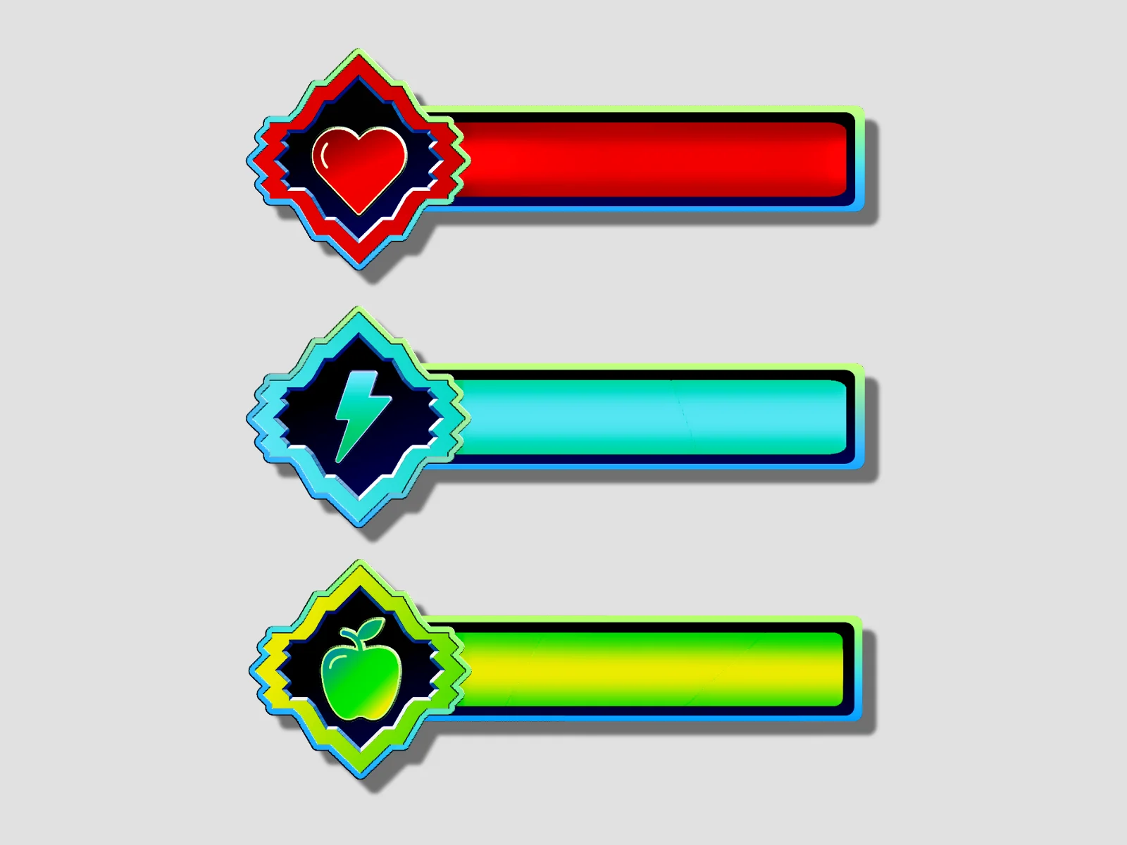 Three horizontal game-style status bars with jagged borders and drop shadows on a light gray background, colored red, cyan, and green-yellow, each with a diamond icon containing a heart, lightning bolt, or apple.