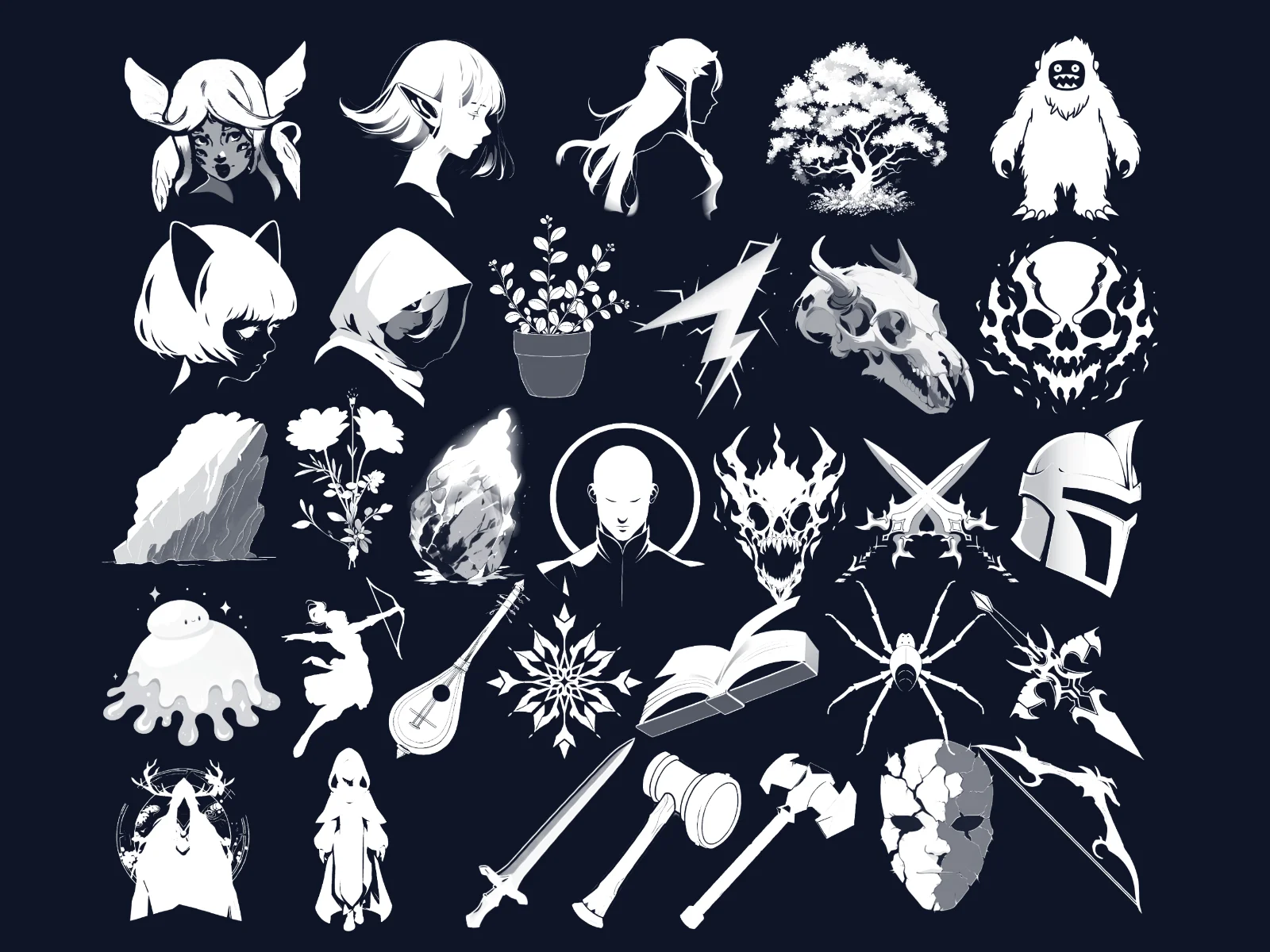 A grid of twenty-five white monochrome fantasy icons on a dark navy background, including an elf head, yeti, animal skull, hooded figure, crossed swords, spider, ghost, lute, and snowflake.
